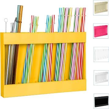Yellow Acrylic Straw Holder for Cabinet Door - Reusable Tumbler Straw Organizer Storage, Small Kitchen Accessories Container, Ultra Sticky Cupboard Door Mounted