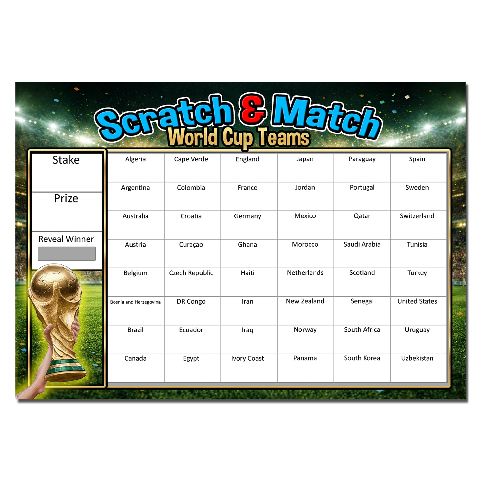 World Cup 2026 Fundraising Scratchcard – A4 Scratch Card Team Draw – Football Office & Pub Fundraiser, 48 Teams, Easy Winner Reveal (Single Scratchcard)