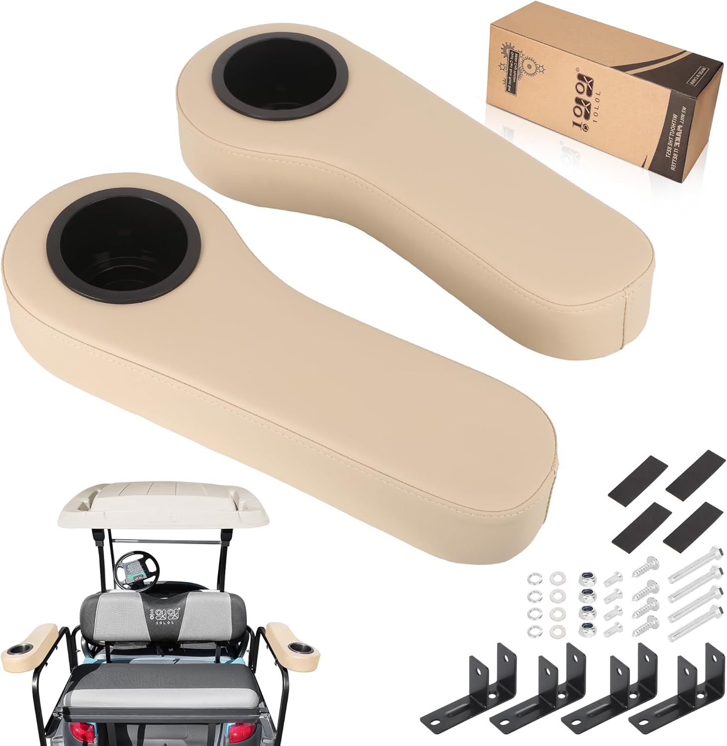 10L0L Golf Cart Rear Seat Armrest, Leather with Cup Holder, No Drilling Required, Fits EZGO, Club Car, Yamaha and Other Universal Models.Fits 1" Square Tubes only.