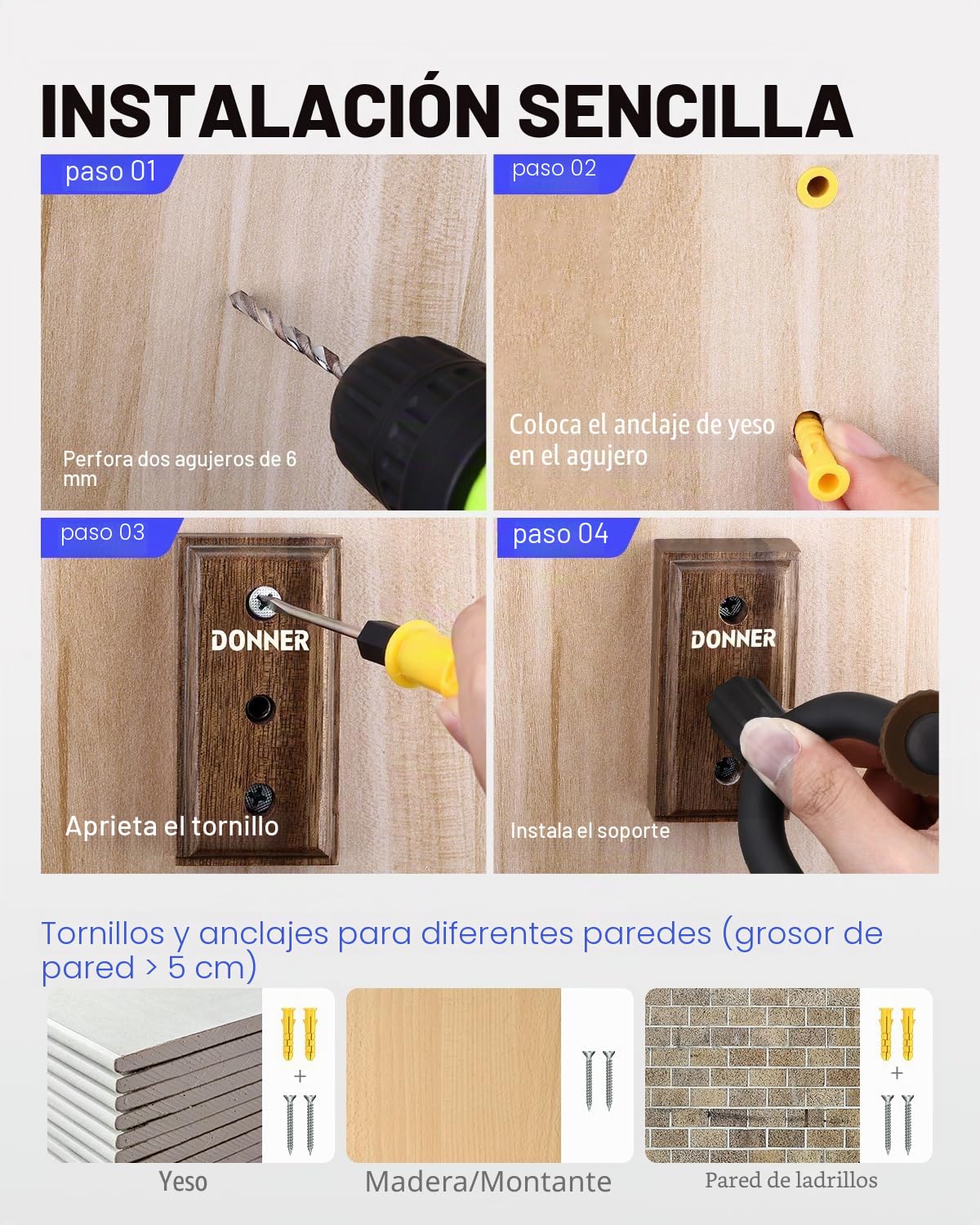 Donner Soporte Guitarra Pared, Colgador de Pared para Guitarra, Bajo, Ukelele Folklórico, Violín, Banjo Mandolina y Instrumentos de Cuerdas Base de Nogal, Negro, Pack x 3