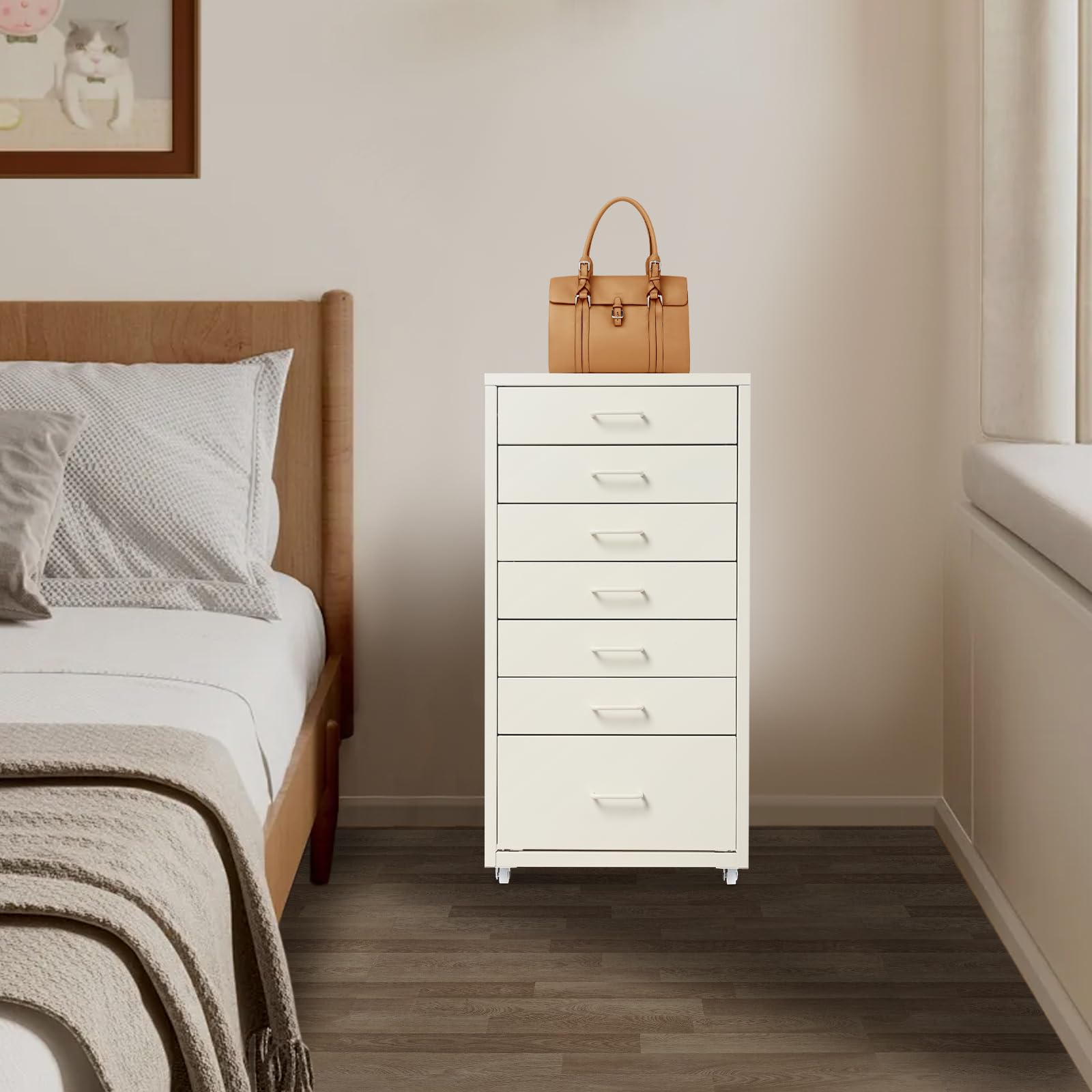 Contenitore a rotelle in metallo con 7 cassetti, Armadio per documenti mobile, Armadio per ufficio con ruote, Contenitore a rotelle Cassettiera con rotelle per casa ufficio, 35 x 26 x 69 cm (Beige)