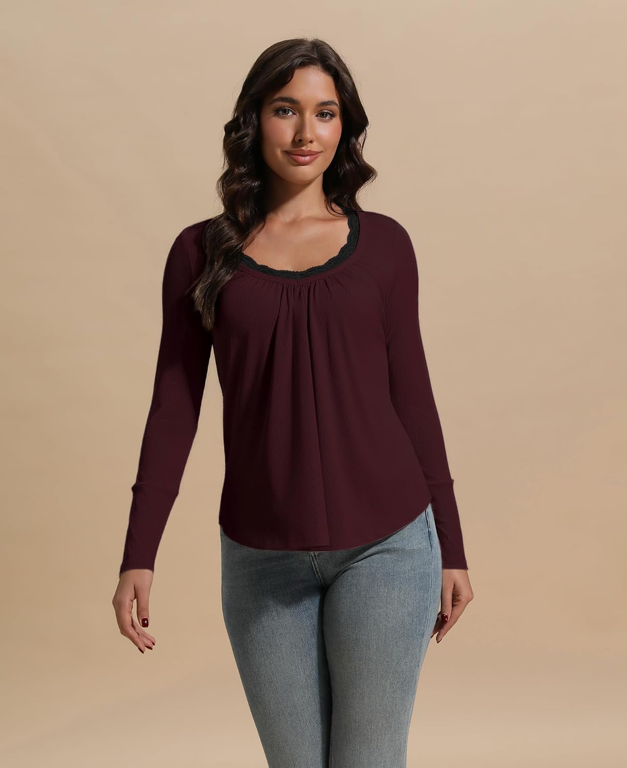 Susclude Lace Long Sleeve Shirts for Women V Neck T Shirt Casual Fall Comfy Pleated Basic Trendy Womens Tunic Tops 2025 - Image 6