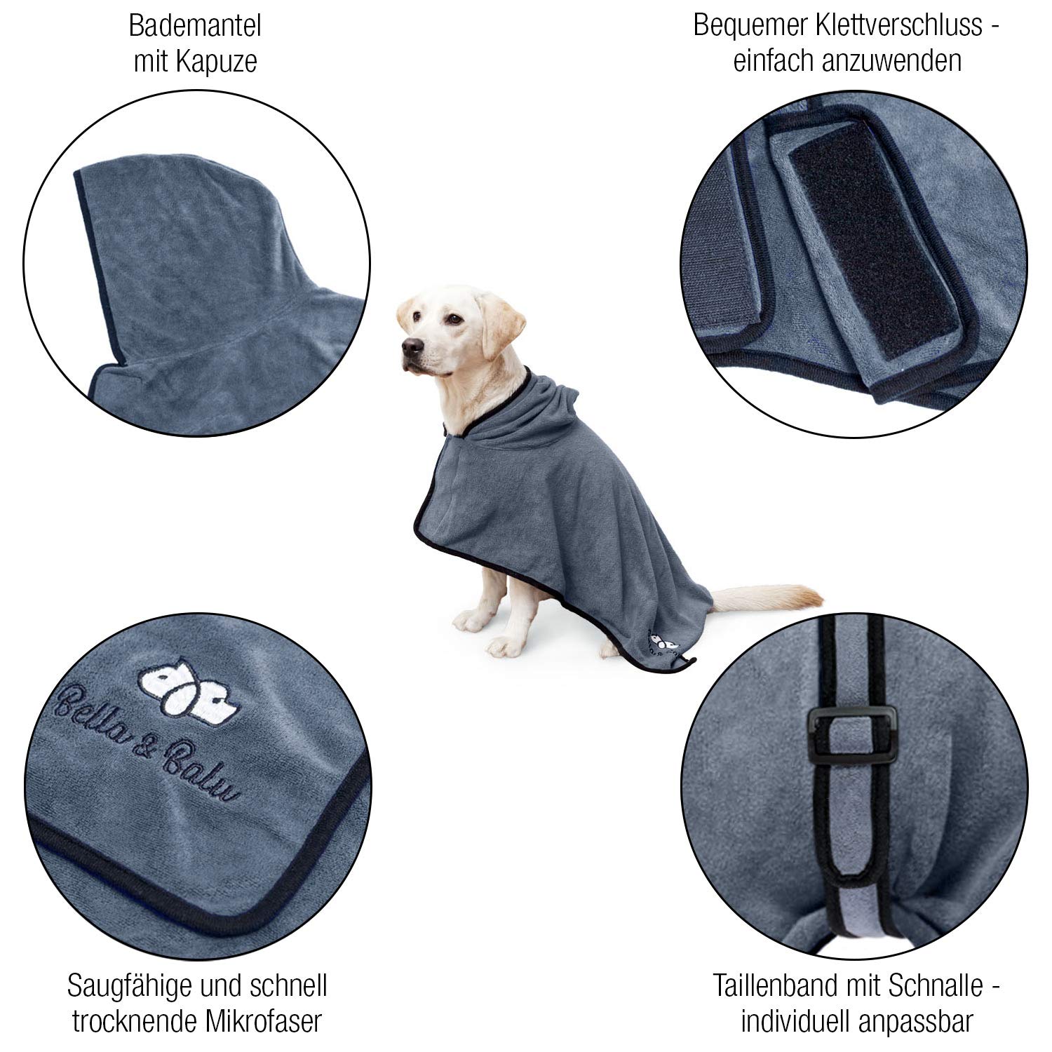 Bella & Balu Accappatoio per cani (L Grigio) - Accappatoio per cani in microfibra con cappuccio e cintura regolabile per asciugare il cane dopo il bagno, in spiaggia o dopo la pioggia