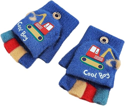 Miniatura 2 de PURFUN Guantes de medio dedo para excavadora de dibujos animados para niños pequeños con parte superior abatible, guantes de punto cálidos de