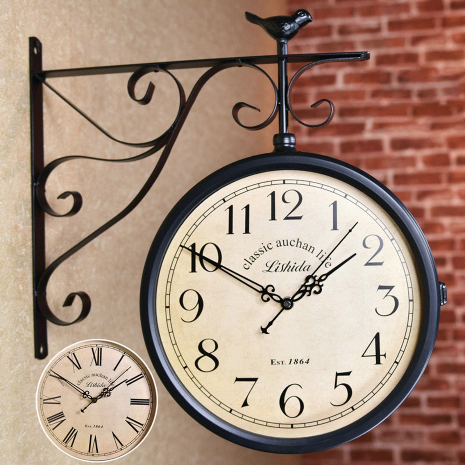 Double Sided Industrial Clocks - Outdoor Garden Wall Mounted Clock, Vintage Train Station Clock with Station Bracket for 360°Rotation, Wrought Iron Hanging Clock