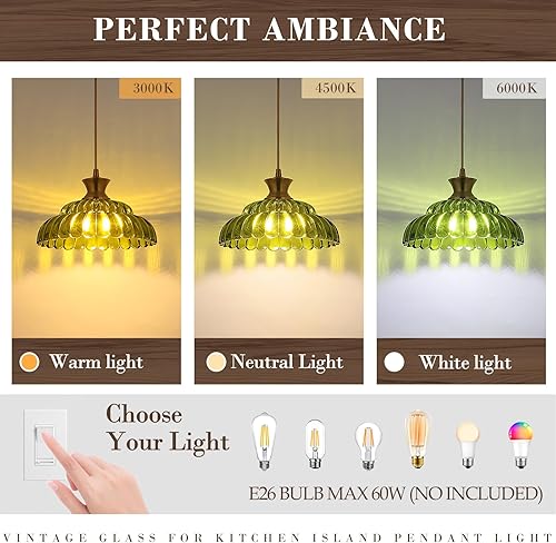 Miniatura 3 de Luces colgantes de vidrio verde, 11.8 pulgadas, iluminación vintage, lámparas de vidrio dorado cepillado, lámpara de techo colgante para cocina,