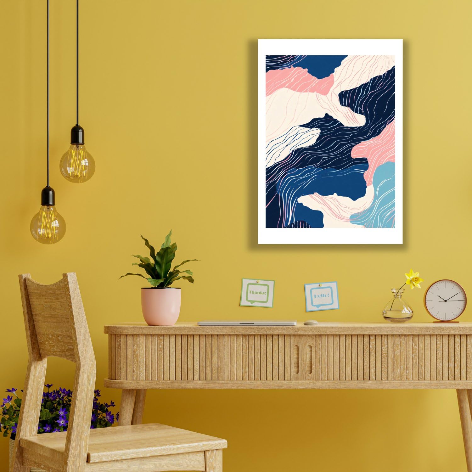 Spiffing Prints Contour Flow – Bleu marine et blush Topographique Abstrait – Ligne minimaliste moderne – Extra Large – Impression d'art semi-brillante