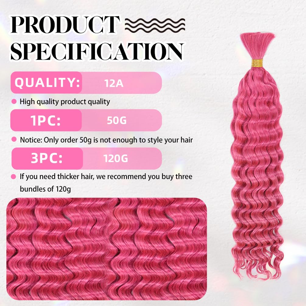 16 Inch Deep Wave Human Braiding Hair for Boho Braids – 120g 3 Bundles/Pack Pink 100% Unprocessed 12A Brazilian Virgin Human Hair Bulk, No Weft, Wet & Wavy Curly Extensions