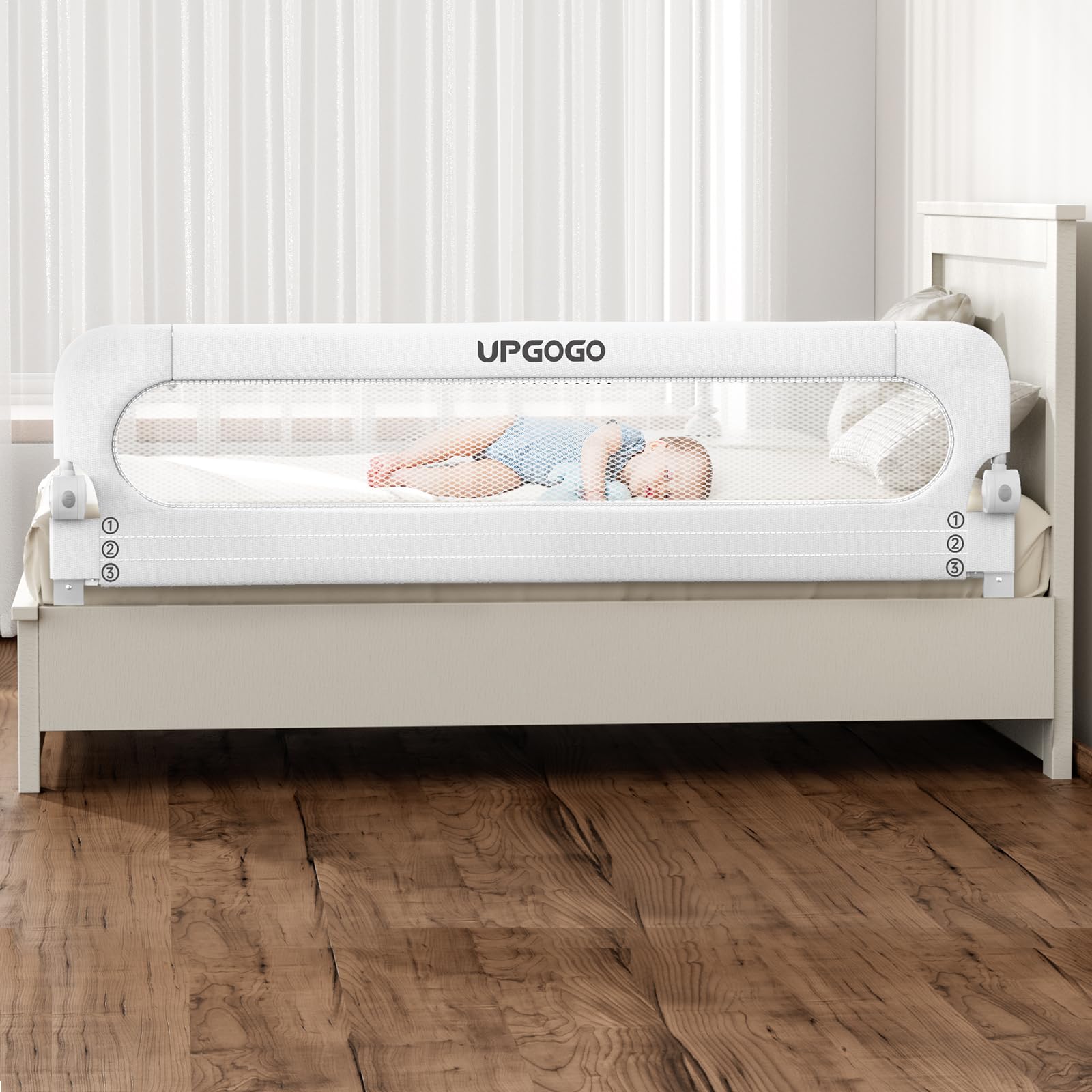 UPGOGO Folding Bed Rail for Toddlers, White, 71" L x 23.6" H | U-shaped base,Reinforced Anchors, Built-in Sponge , Secure lock White 71"L x 23.6" H