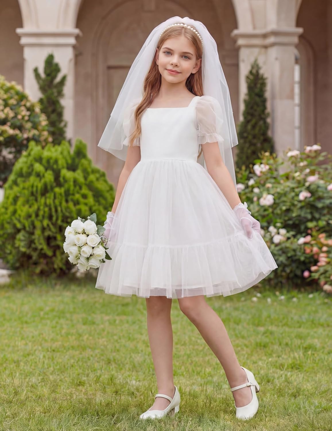 Arshiner Girls Dresses Tulle Bow Tie Back Puff Sleeve Party Holiday Spring Summer Dress for 6-16