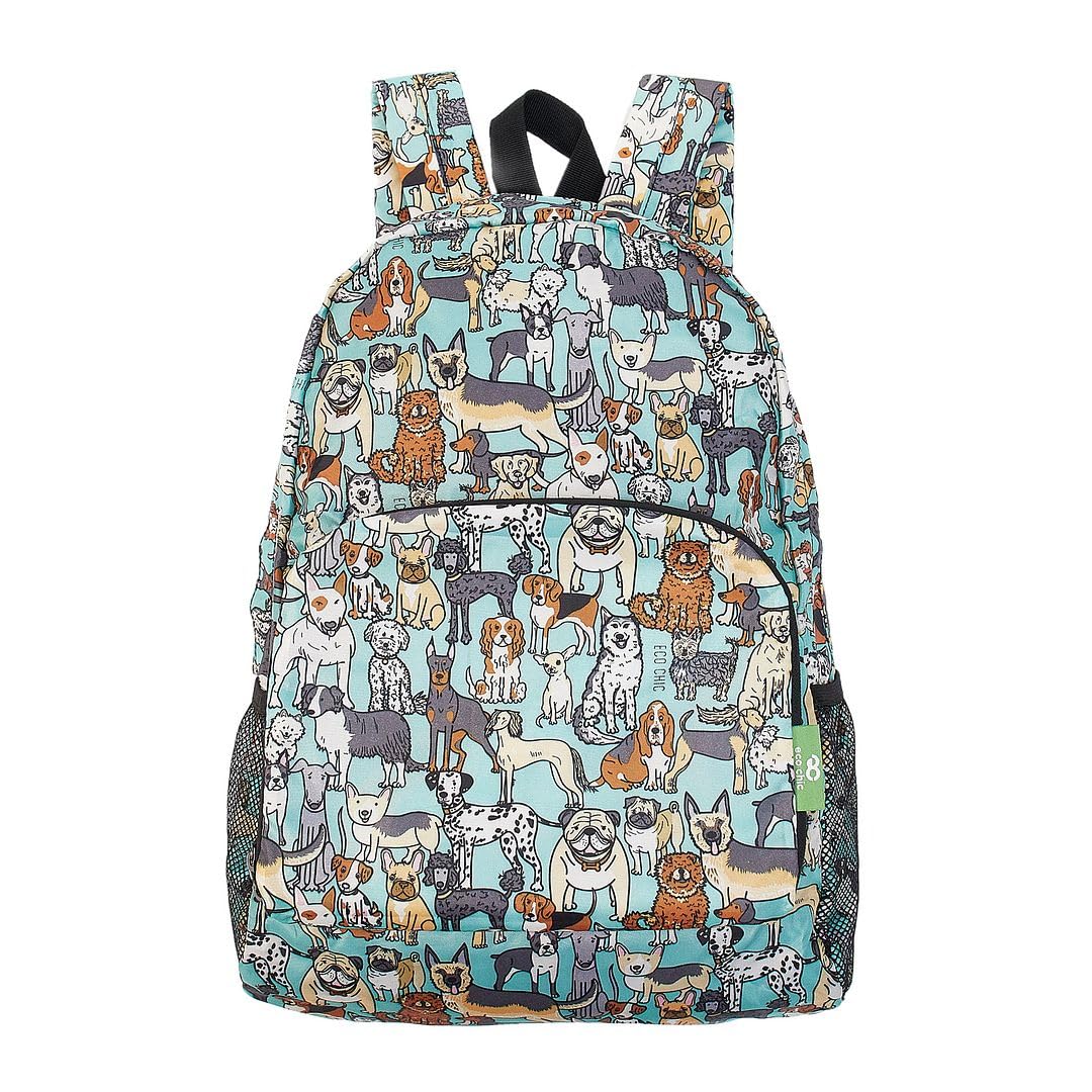 ECO CHIC Lightweight Foldable Water Resistant Backpack Rucksack Folds into Pouch for Storage (Dogs Teal)