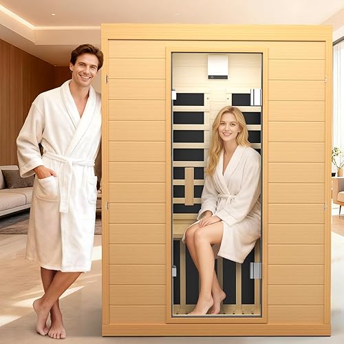 OUTARFIE Far Infrared Sauna, Canadian Hemlock Wood Sauna Spa Room for Indoor,1062W 110V Low EMF Saunas with Control Panel and Integrated Speakers, Mini Home Sauna Room for One Person (Brown-2Person)