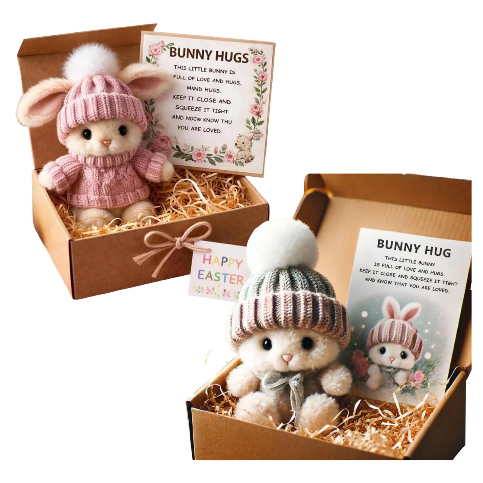 Mini Bunny Hug Cute Easter Gift, Mini Bunny Hug in Box, Emotional Support Positive Crochet Bunny with Inspirational Card, Handmade Plush Pocket Hug Rabbit Doll for Kids Family Friend (2PCS-b)