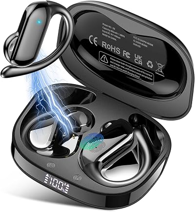 Open Ear Headphones, Bluetooth 5.4 Wireless Earbuds with Earhooks, 42Hrs Playtime Air Conduction Earphones with ENC Mic, LED Display/IPX7 Waterproof Sports Headset for Running Workout Black