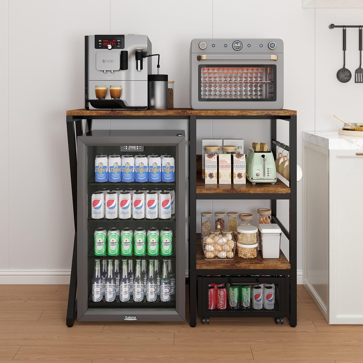Kitchen Bakers Rack with Movable Basket, Coffee Bar Cabinet with Mini Fridge Space, Beverage & Wine Fridge Stand, Kitchen Storage Organizer with Worktop, Microwave Oven Stand for Home, Dorm, Office
