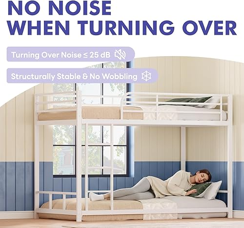 Miniatura 13 de Litera de metal bajo para niños, con escalera incorporada, barandilla alta y listones de metal, litera inferior de cama de suelo, no requiere