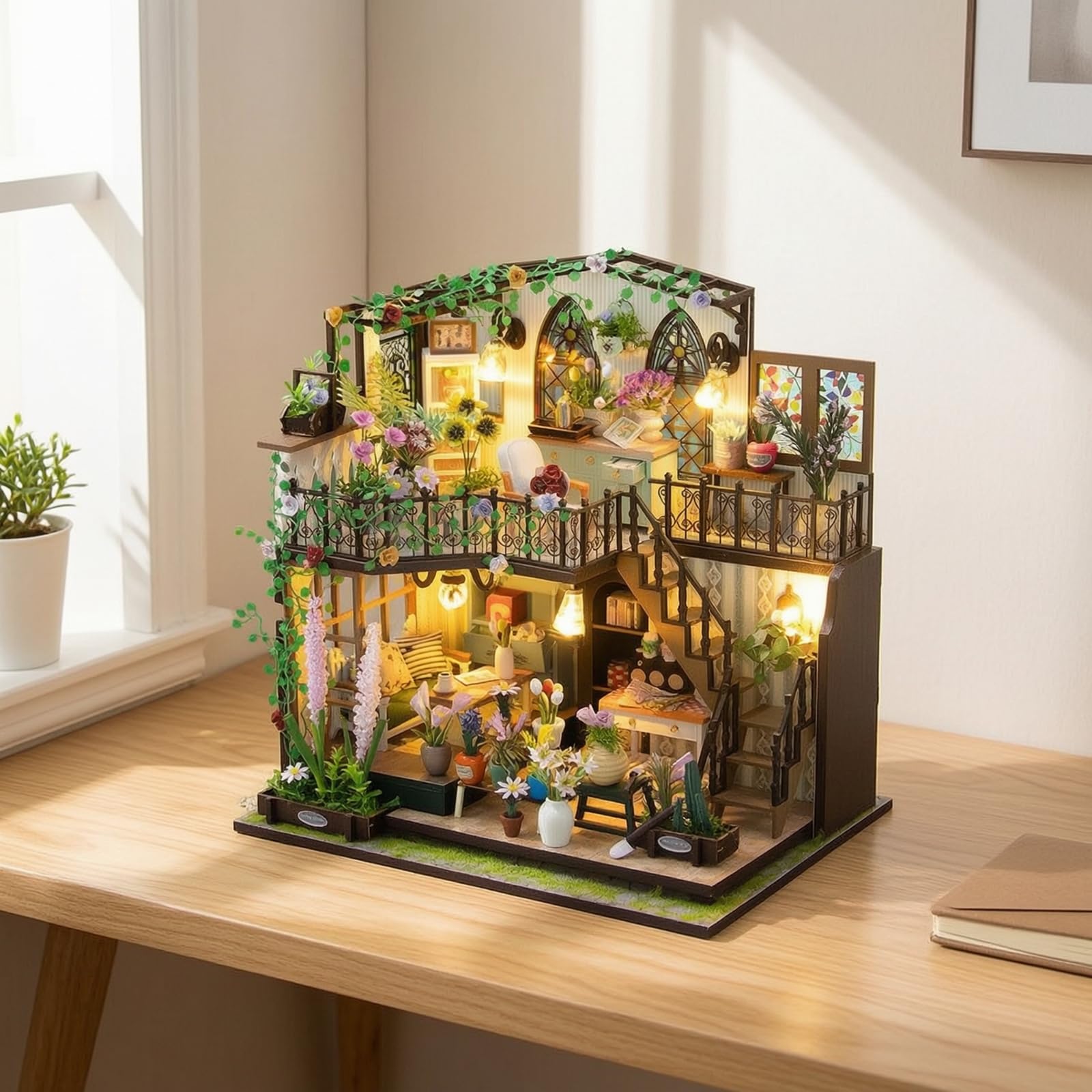 Casa in Miniatura Assemblabile Modello Bungalow Giardino Kit Casa Fai da Te Diorama con Interna E Balcone in Legno Carta Tessuto con Illuminazione, Versione Cinese Con Copertura Antipolvere