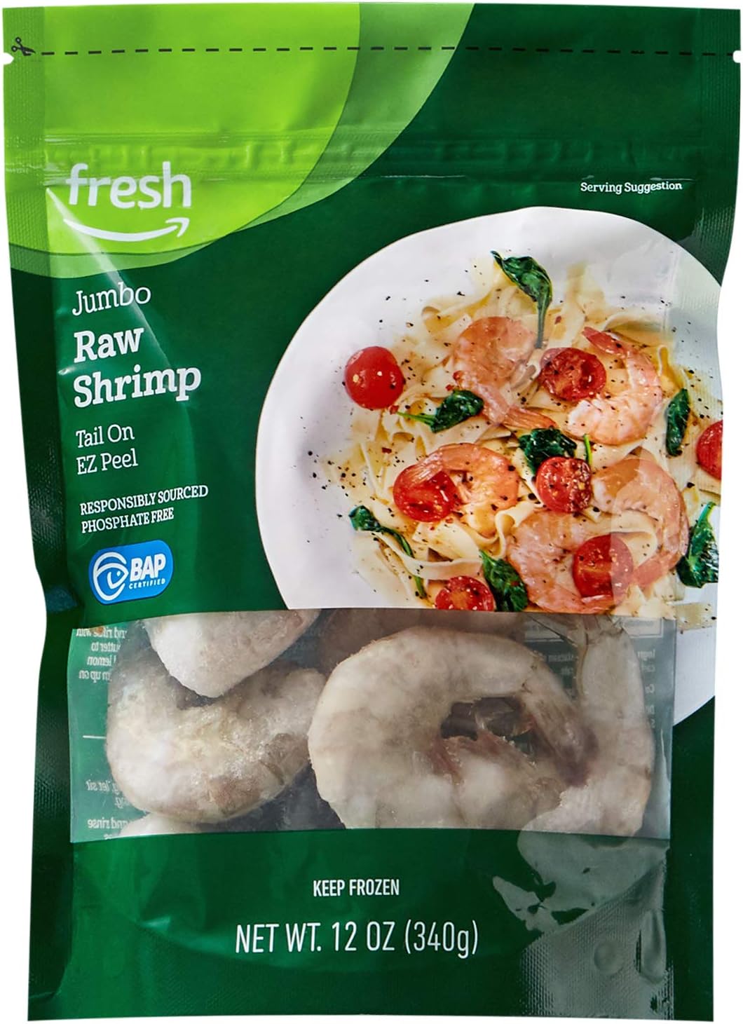 Amazon Fresh Brand, Raw Jumbo Easy Peel Tail On Shrimp, Frozen, Responsibly Sourced, Phosphate Free, 12 Oz, (21-25 Count/Pound)