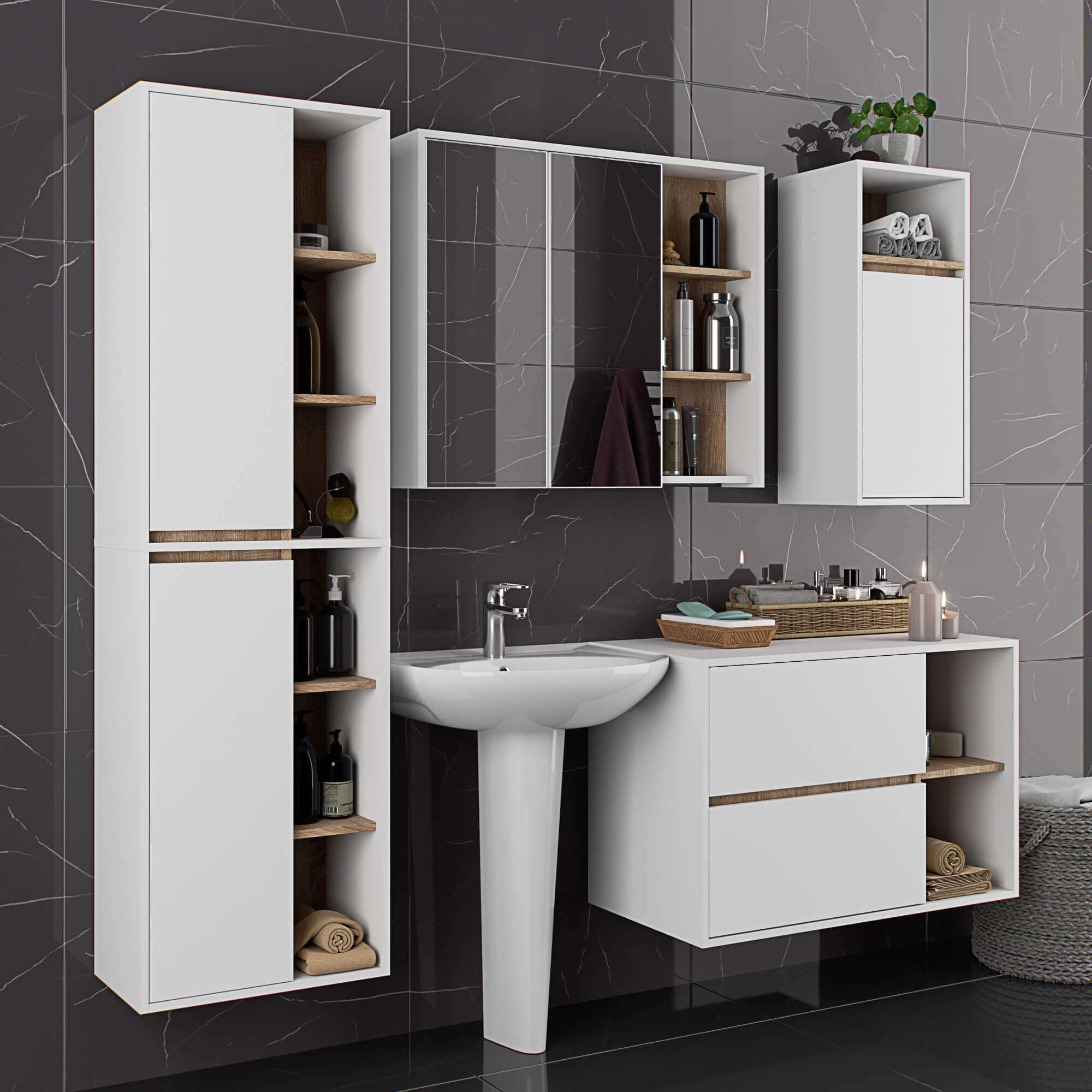 AKORD Colonne Salle de Bain Suspendue VAMI W50 - Meuble Mural 2 Portes, 10 Étagères - Rangement pour Cosmétiques et Serviettes, Fixation Murale - 50x170x30 cm - Blanc & Chêne Sonoma