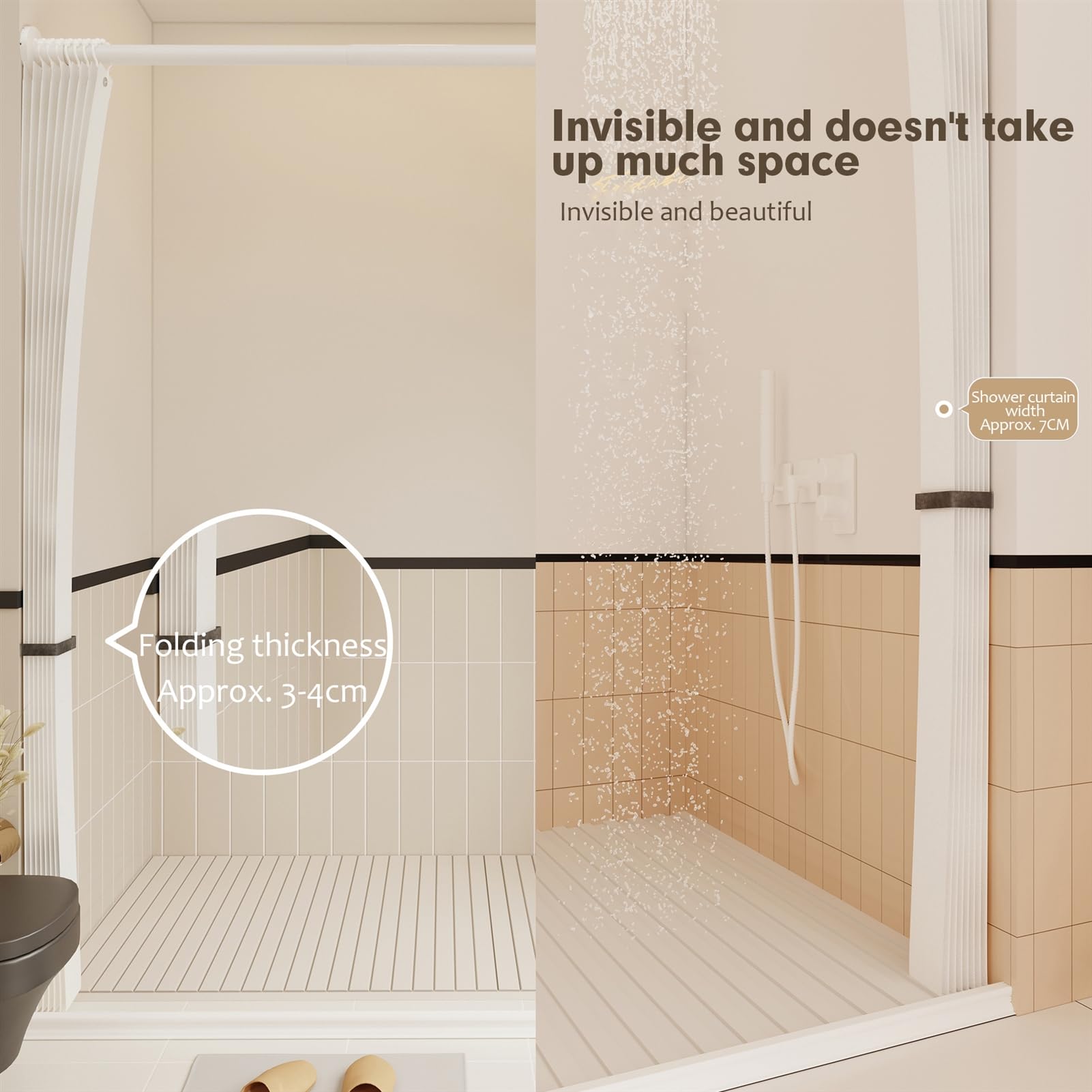 Cortina de Ducha de Tela Plegable Magnética, Beige, 180x200cm | Antimoho Impermeable para Ducha A RAS de Suelo, Cortinas de Ducha Plisadas Lavables, 220g/m²