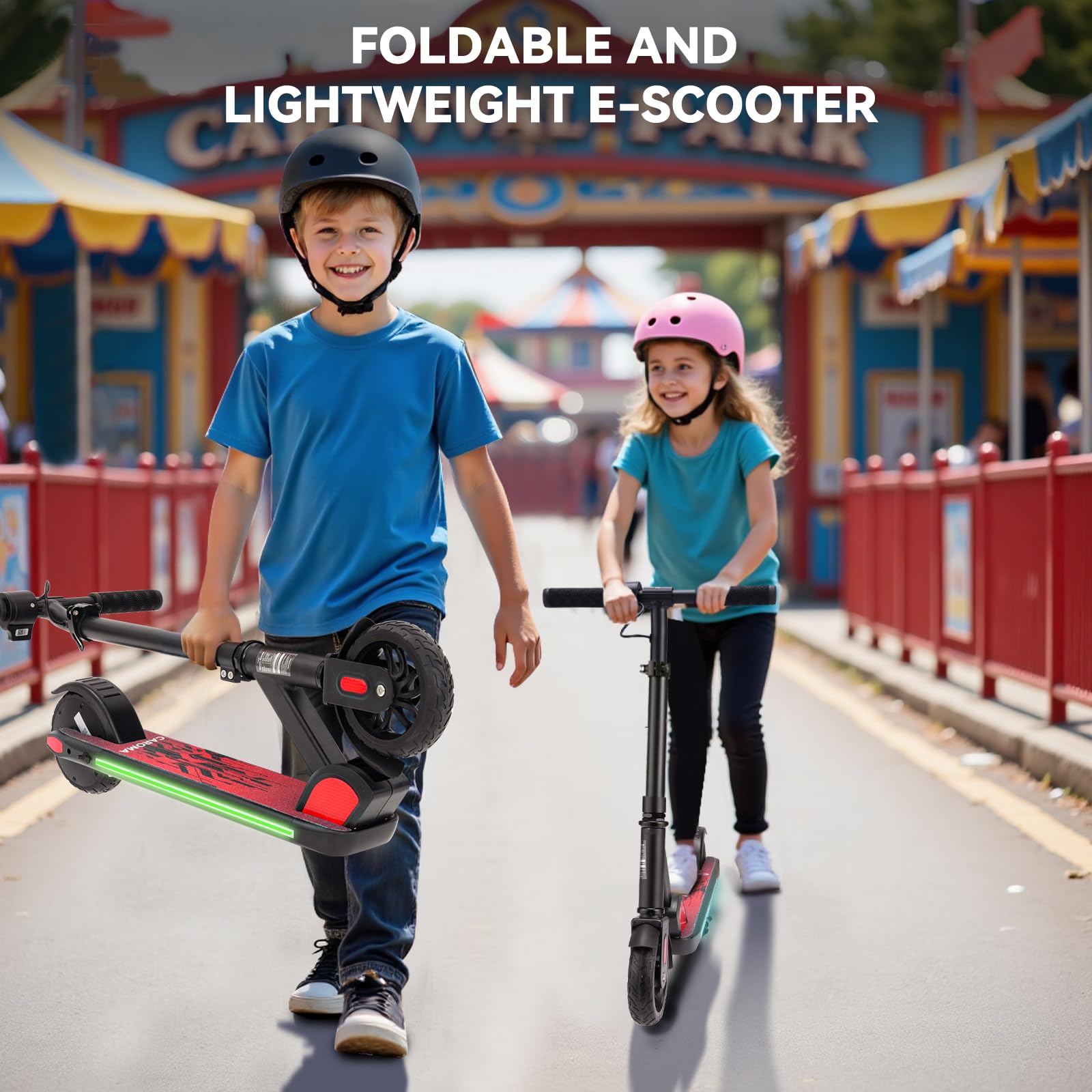 Caroma Patinete eléctrico para niños de 6 a 12 años, Motor de 150 W | 16 km/h, 12 km de alcance E Scooter, Scooter E plegable con luces coloridas y pantalla LED, velocidad y altura ajustables