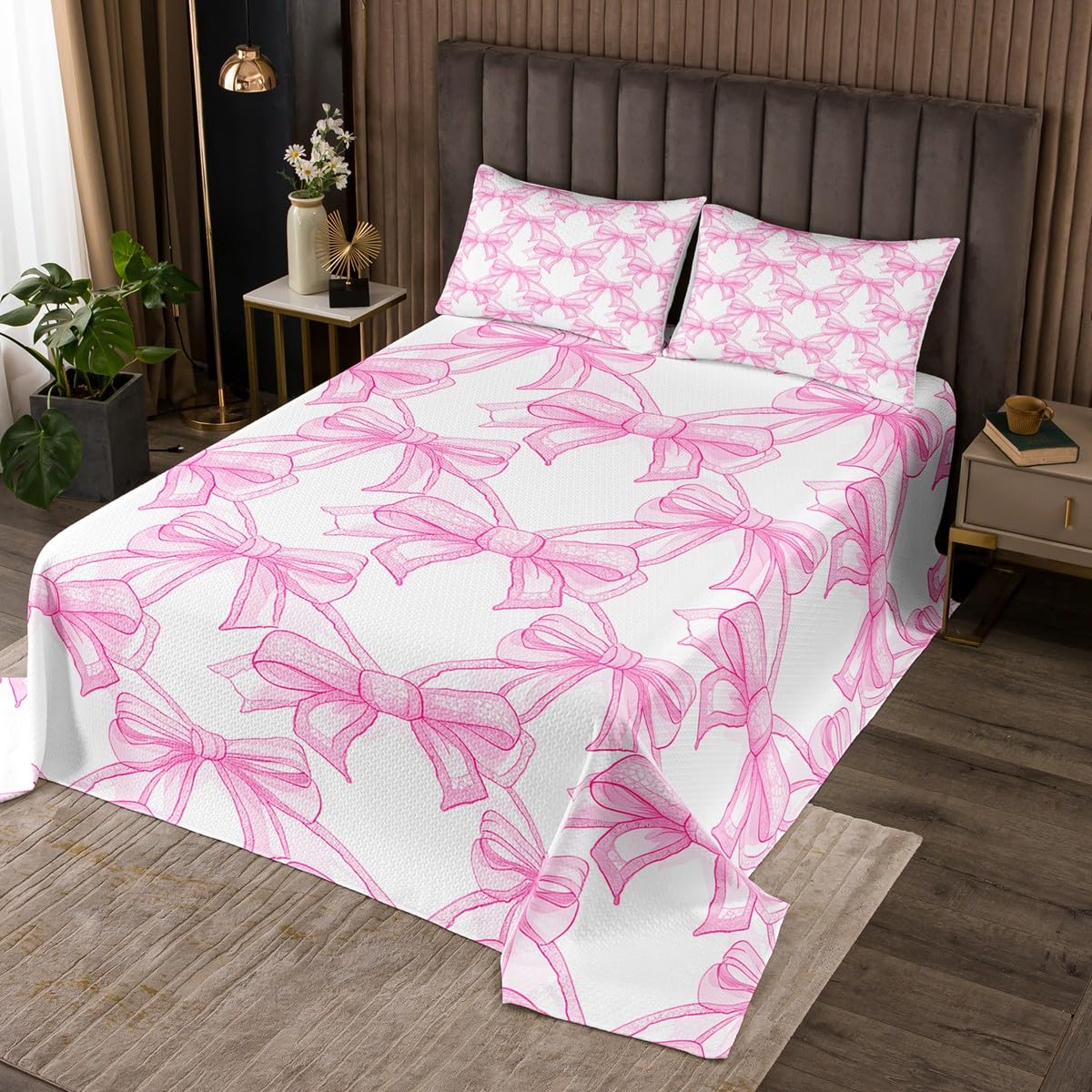 Feelyou Kids Bow Coverlet Set Queen Size, Princess Bedspread Bowknot Quilted Coverlet for Kids Boys Girls Kawaii Quilted Room Decor with 2 Pillow Case
