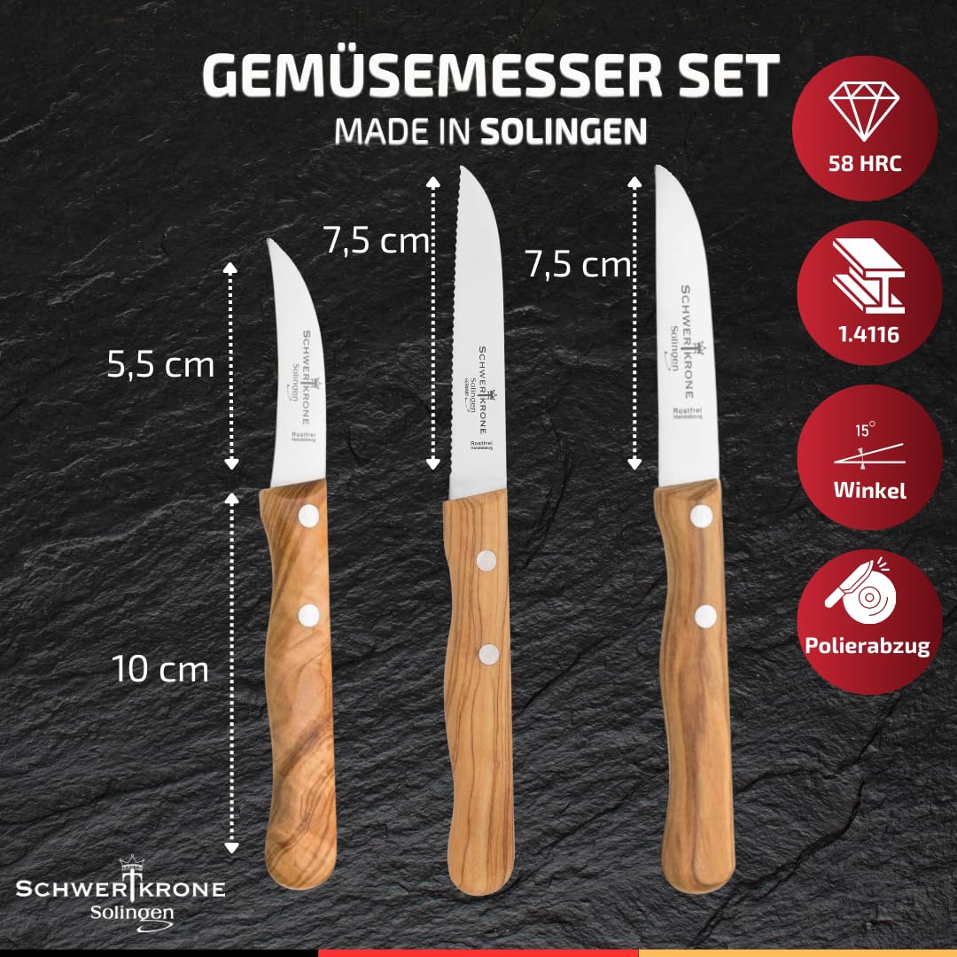 SCHWERTKRONE® Zestaw 3 noży do obierania owoców i warzyw Premium [WYROBIONEO W SOLINGEN - NIEMCY] - nóż do warzyw, nóż do owoców - mały, ostry nóż kuchenny - nóż do krojenia, nóż do obierania