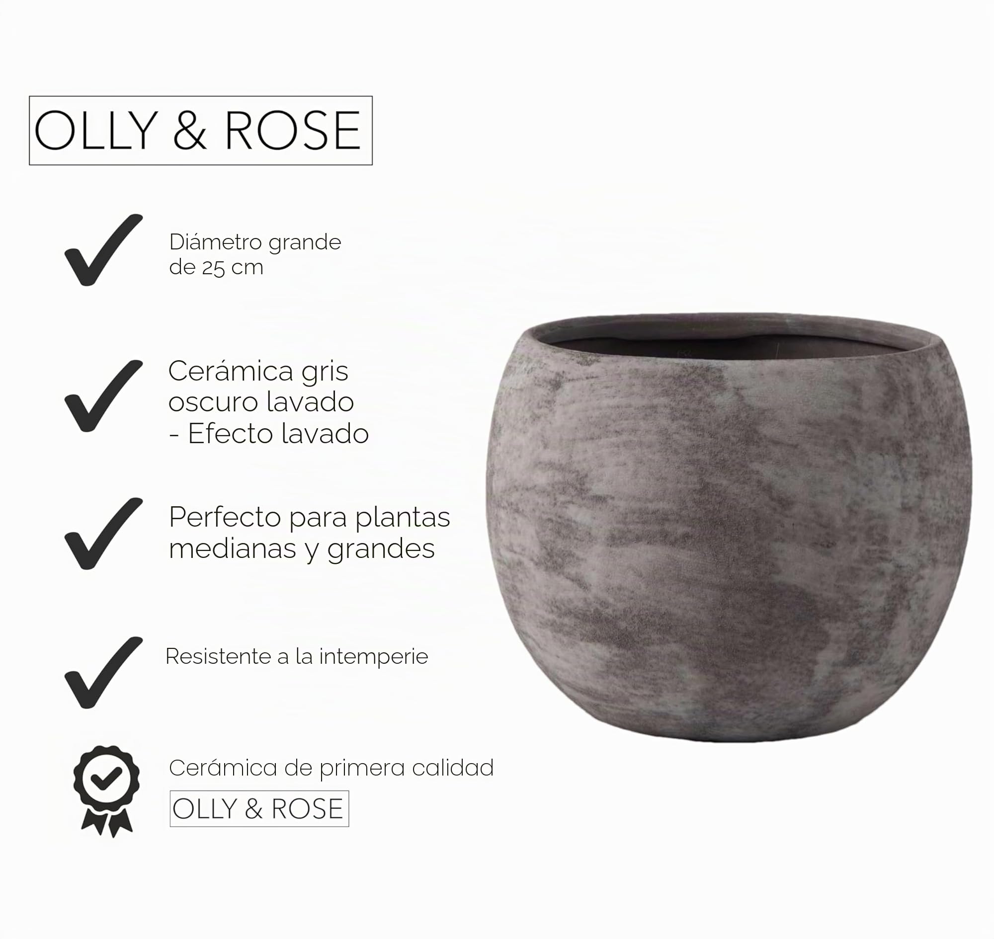 Olly & Rose Maceta de Plantas Gris Carbón Negro 25cm Grande con Acabado Lavado Texturizado para Exteriores e Interiores, Macetero para Flores y Plantas