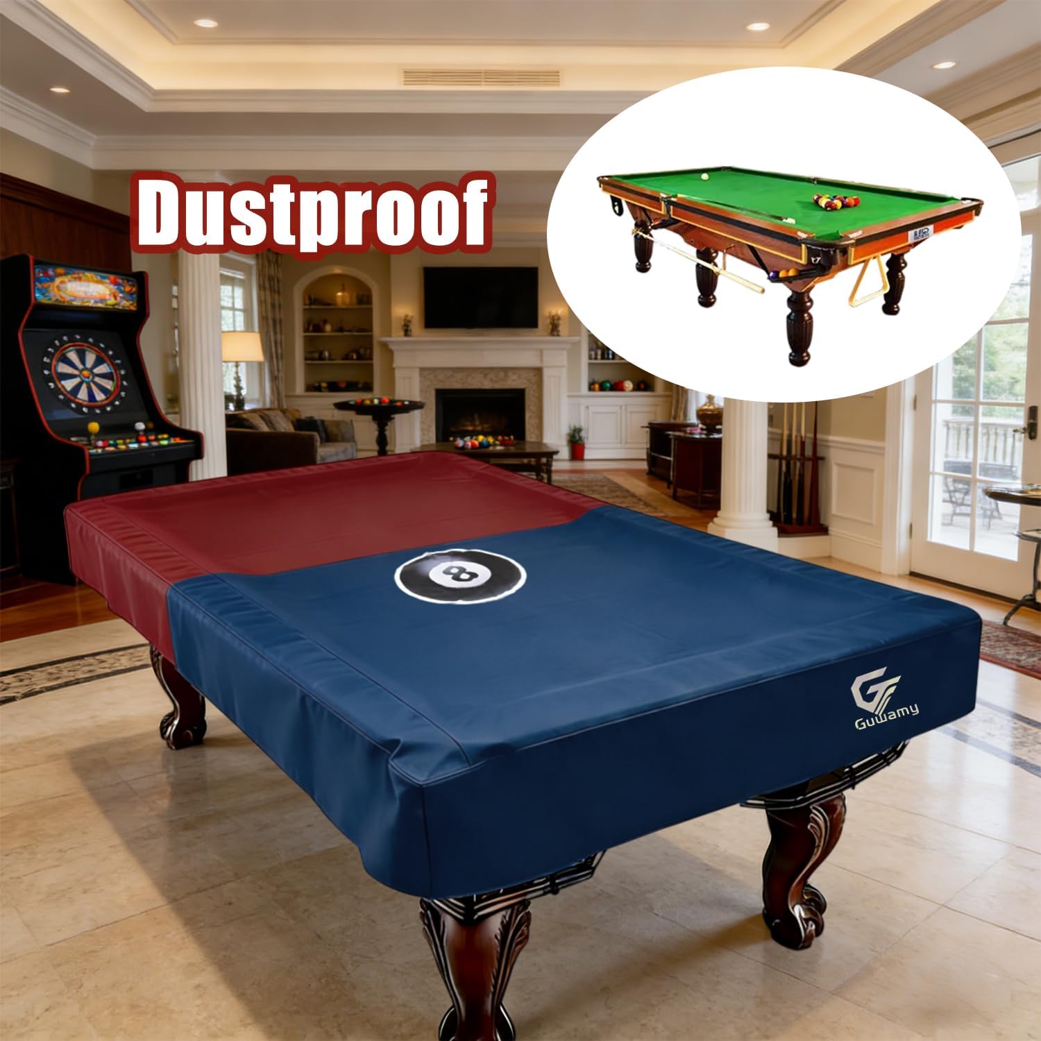 7FT (92"L x 52"W x 8"H) Heavy Duty Leatherette Pool Table Cover – Waterproof, Scratch-Resistant, All-Season Protection for Indoor/Outdoor Use – Red/Dark Blue