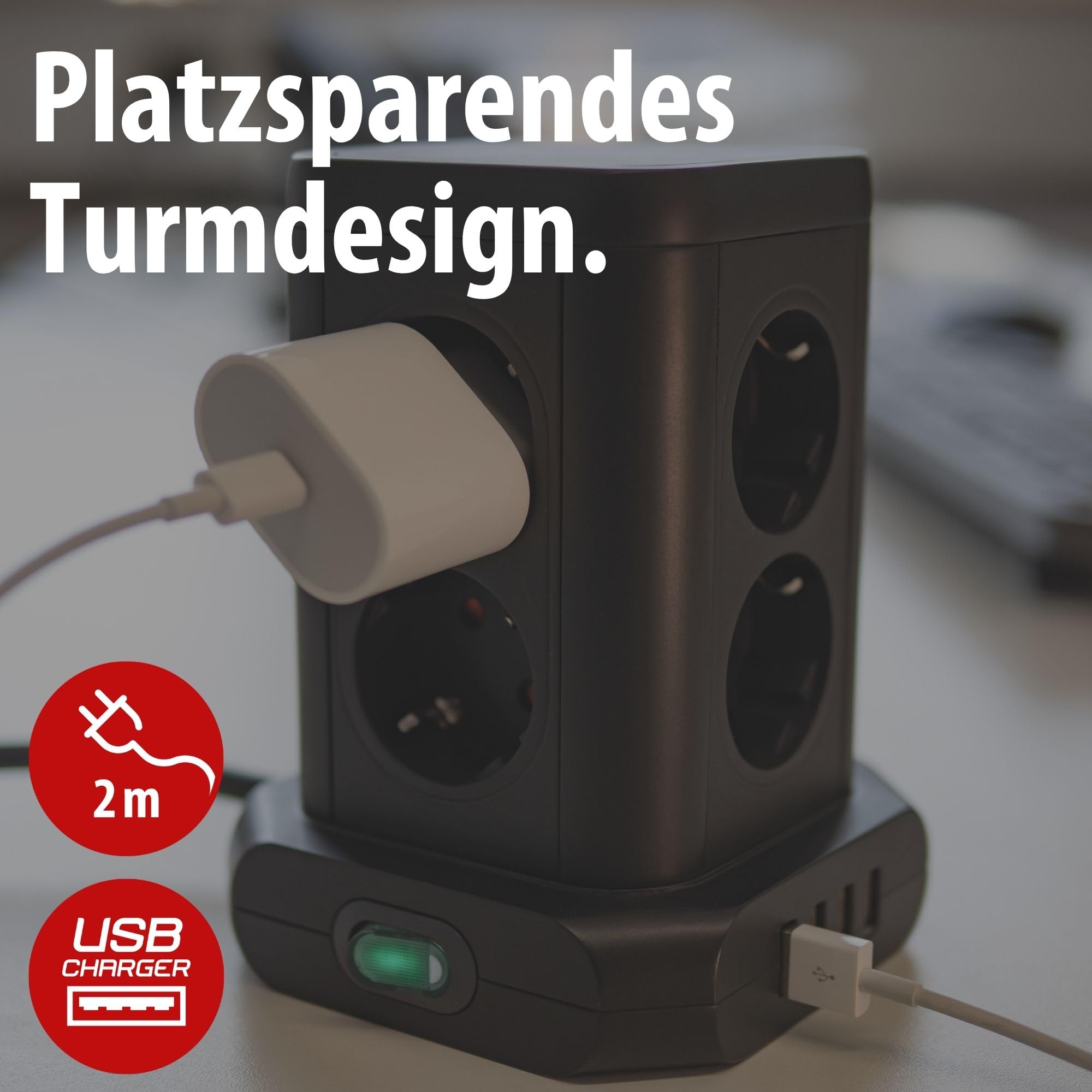 Brennenstuhl Steckdosenturm 8-Fach mit USB (Steckdosenblock 8-Fach mit 4X USB, Steckdosen in 45°-Anordnung, 2m Kabel) schwarz