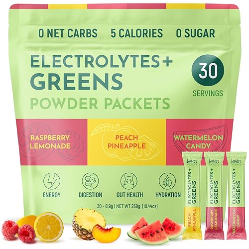 Keto Vitals Keto Electrolytes Plus Greens Superfood Powder Packets - 30 Servings Sugar Free Electrolytes Supplement for Hydration, Energy, Gut Health & Digestion - Super Greens Powder for Hydration - Greens+Electrolytes - 30 Servings (Pack of 1)