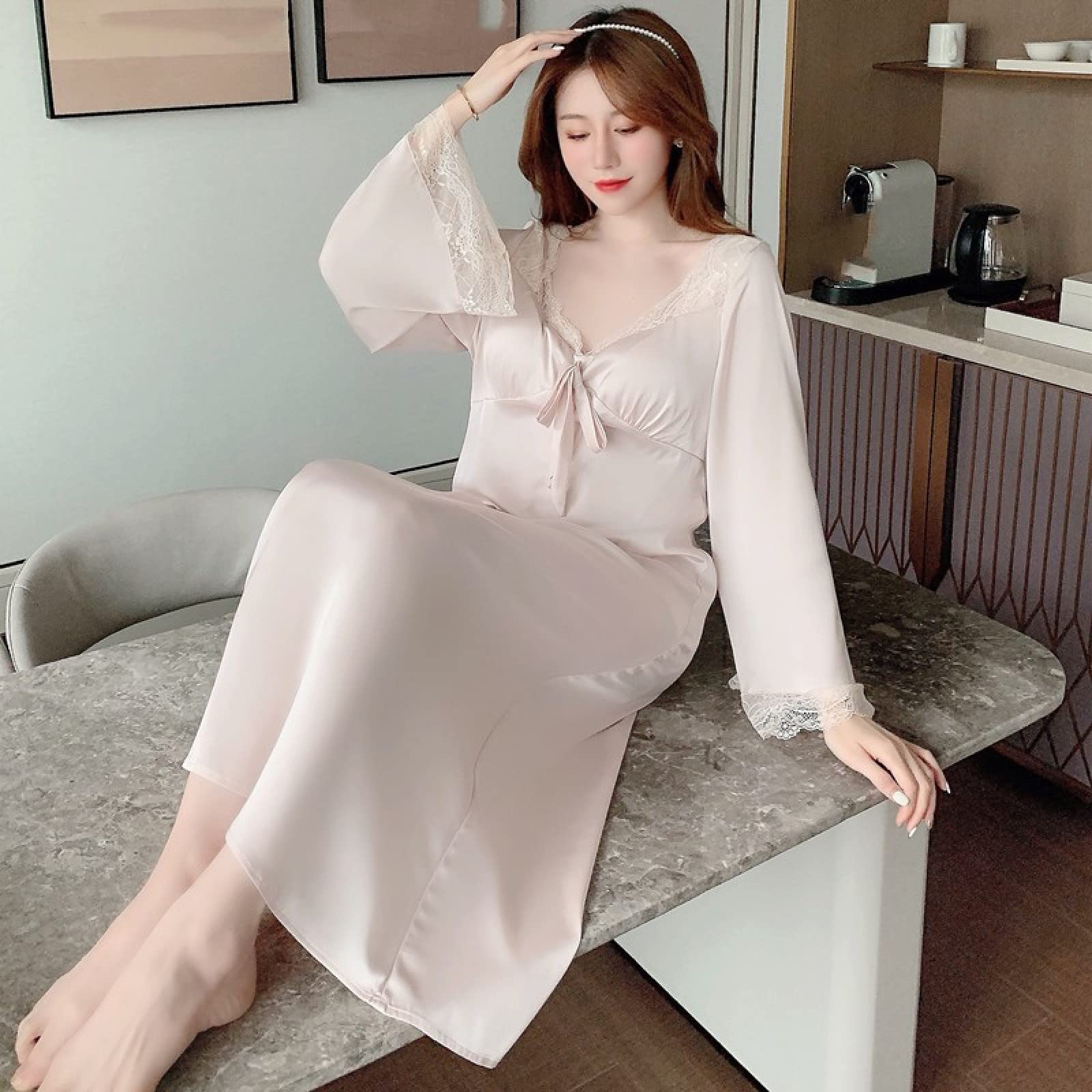OFFSUM Camicia da Notte Donna - Elegante Camicia da Notte in Raso Sexy Scollo A V Sleepwear Sweet Lace Bowknot Camicia da Notte Tinta Unita Primavera Autunno Loungewear Abbigliamento