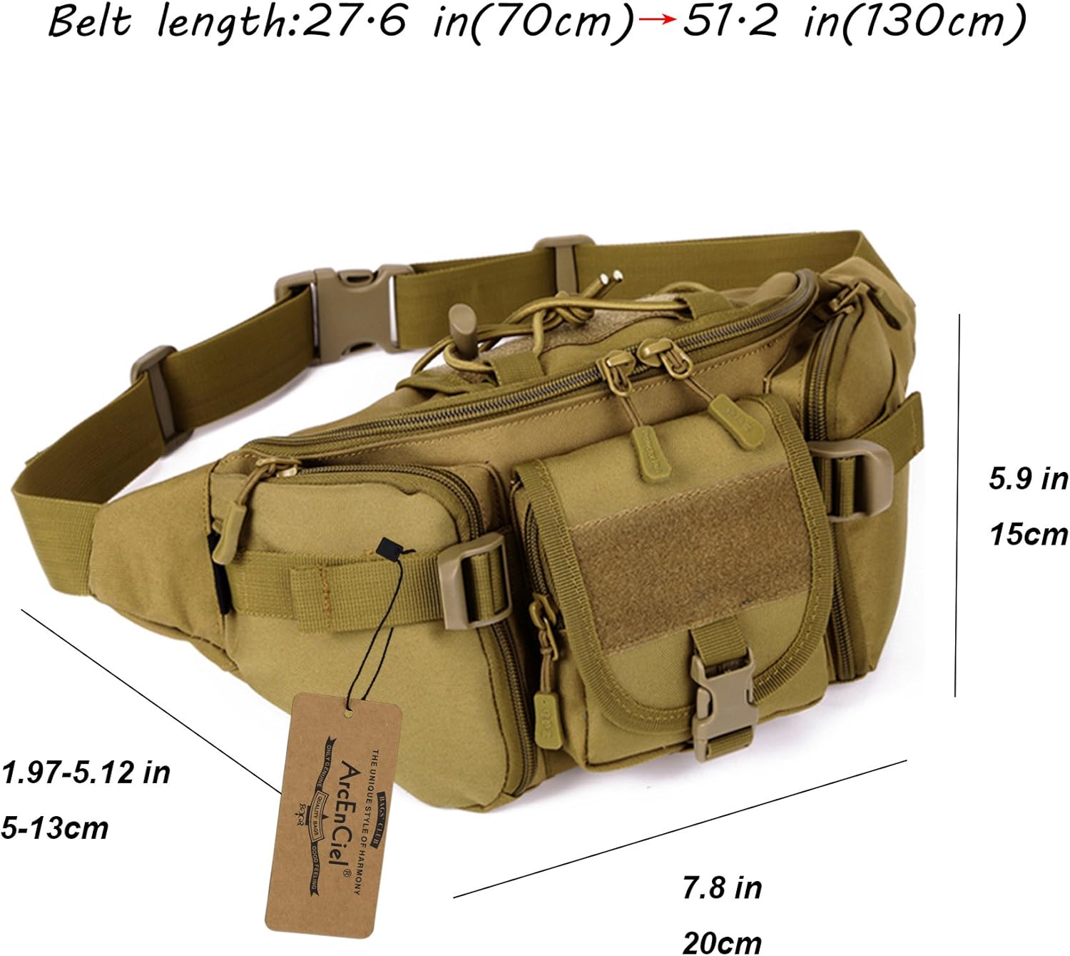 ArcEnCiel Tactical Fanny Pack for Men Women Waist Bag Hip Belt Outdoor Hiking Fishing Bumbag with Patch (Coyote Brown) - Image 3