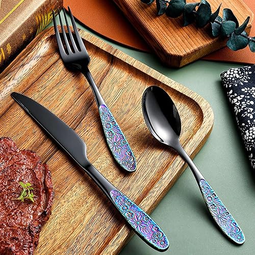 Miniatura 2 de Juego de cubiertos negros de 60 piezas, juego de cubiertos de acero inoxidable para 12 tenedores, cucharas y cuchillos, juego de vajilla para el