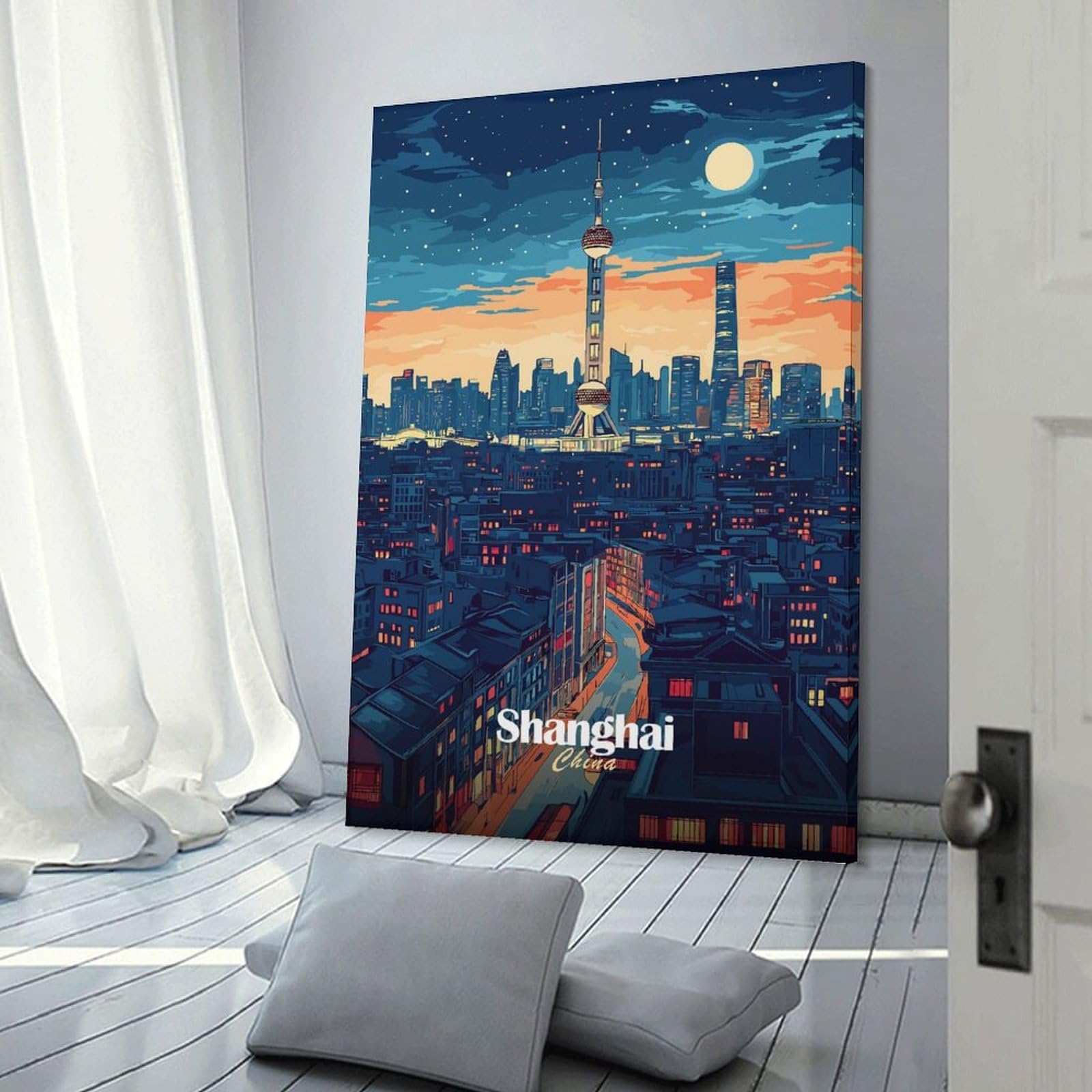 Junmoney Wall Picture Print Shanghai Skyline Night, 24x36inch(60x90cm), for Wall Displays, Bedrooms Or Room Updates, Wall Decor Suited to Curated Displays