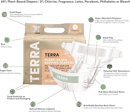 Miniatura 3 de Terra Pañales para recién nacidos talla 1 85% pañales a base de plantas, ultra suaves y libres de químicos para pieles sensibles, absorción superior