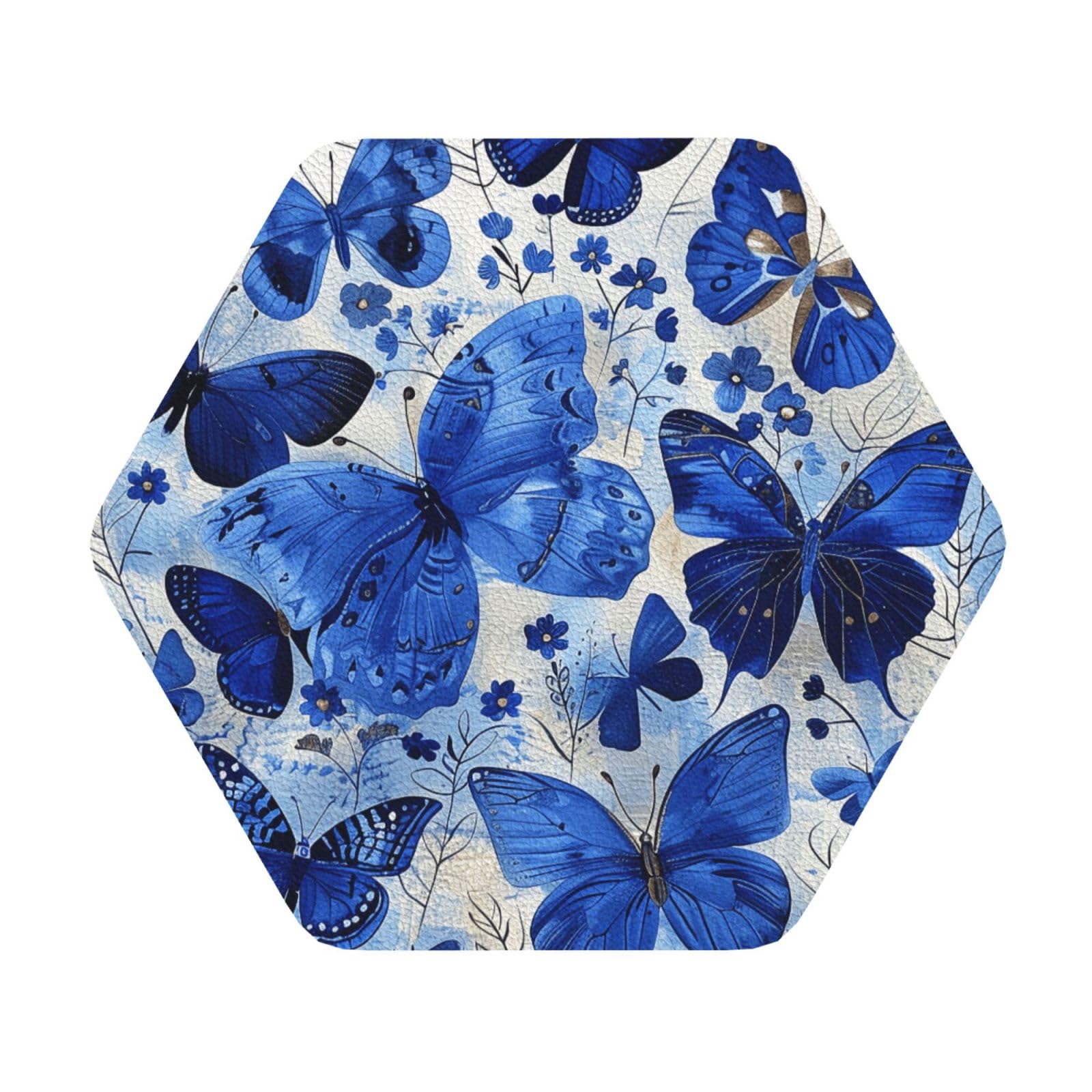 Blue Butterflies Printed Coasters for Drinks, Leather Coaster Sets of 4, Funny Coffee Cup Coaster, Absorbent Coaster for Home and Office Kitchen Bar Hexagon