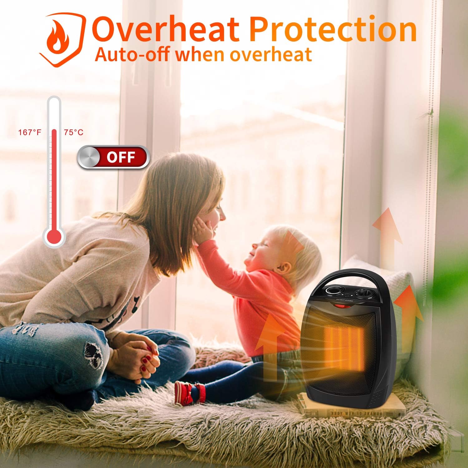 Portable Space Heater, Ceramic Electric Heater with Thermostat Overheat Protection and Tip Over Protection, 1500W/750W Personal Heater with Carrying Handle for Home Office Room