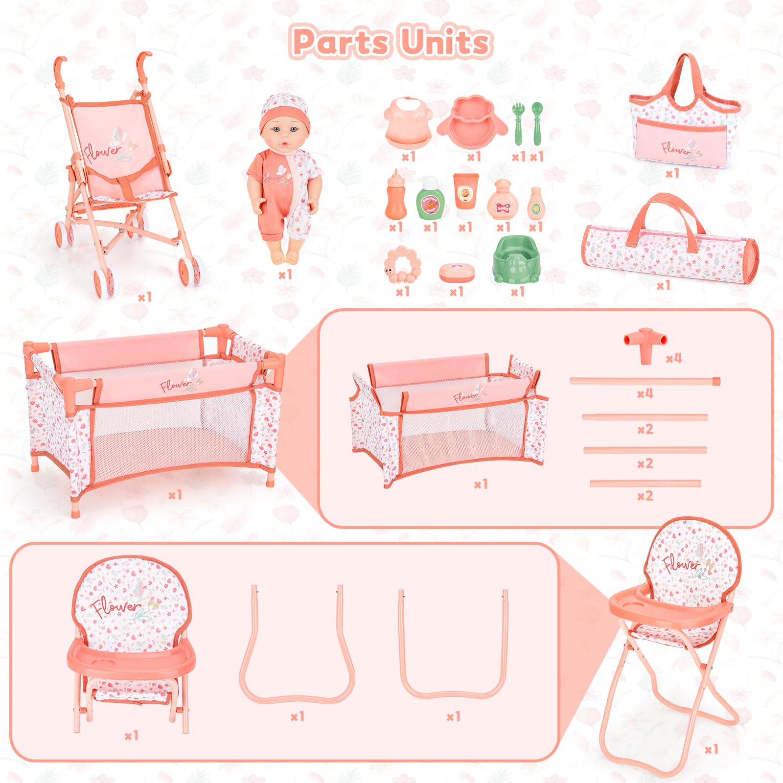 deAO Set Passeggino e Accessori per Bambole, Giochi di Ruolo Giocattoli | Bambole 30cm, Lettino, Seggiolone, Sacco Trasporto, Pieghevole, Montaggio Senza Attrezzi, Regali per Ragazze di 3 Anni+
