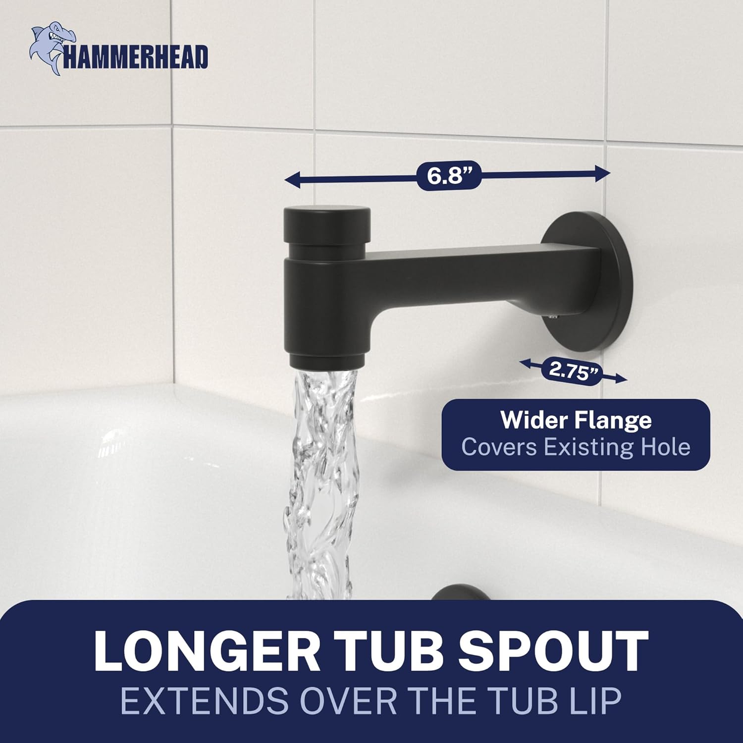 HammerHead Solid Brass Tub Spout with Spring-Loaded Diverter, 6.8" Length, 1/2" FNPT or 3/4" MNPT Thread-On Bath Tub Spout, Heavy-Duty Bathtub Faucet, Matte Black
