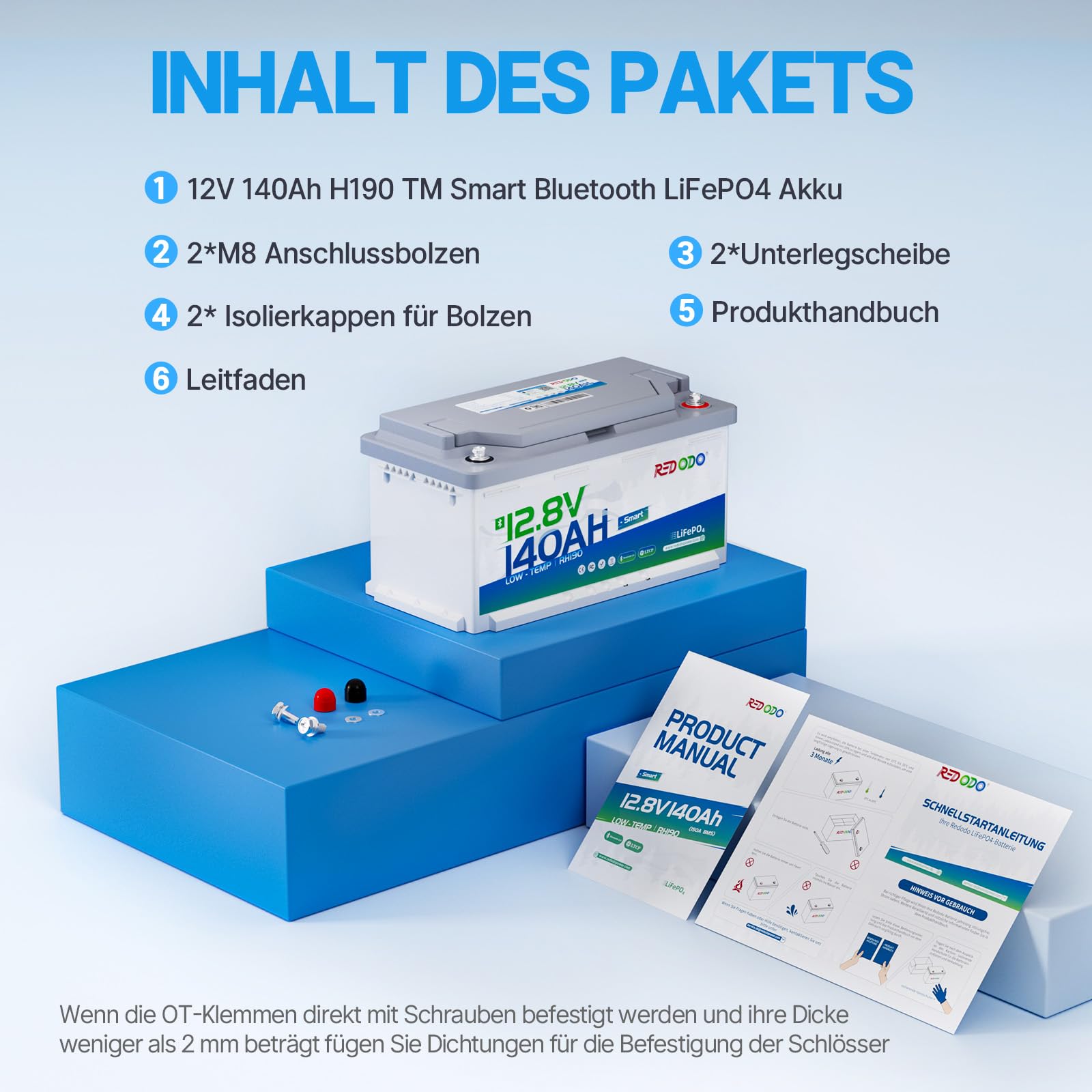 Redodo 12V 140Ah H190 Bluetooth Untersitz-LiFePO4 Batterie mit 189mm Höhe, 1792Wh Tiefzyklus Lithium Batterie mit 150A Smart BMS, Niedrigtemperaturschutz, Perfekte Ersatzbatterie für Wohnmobil, RV
