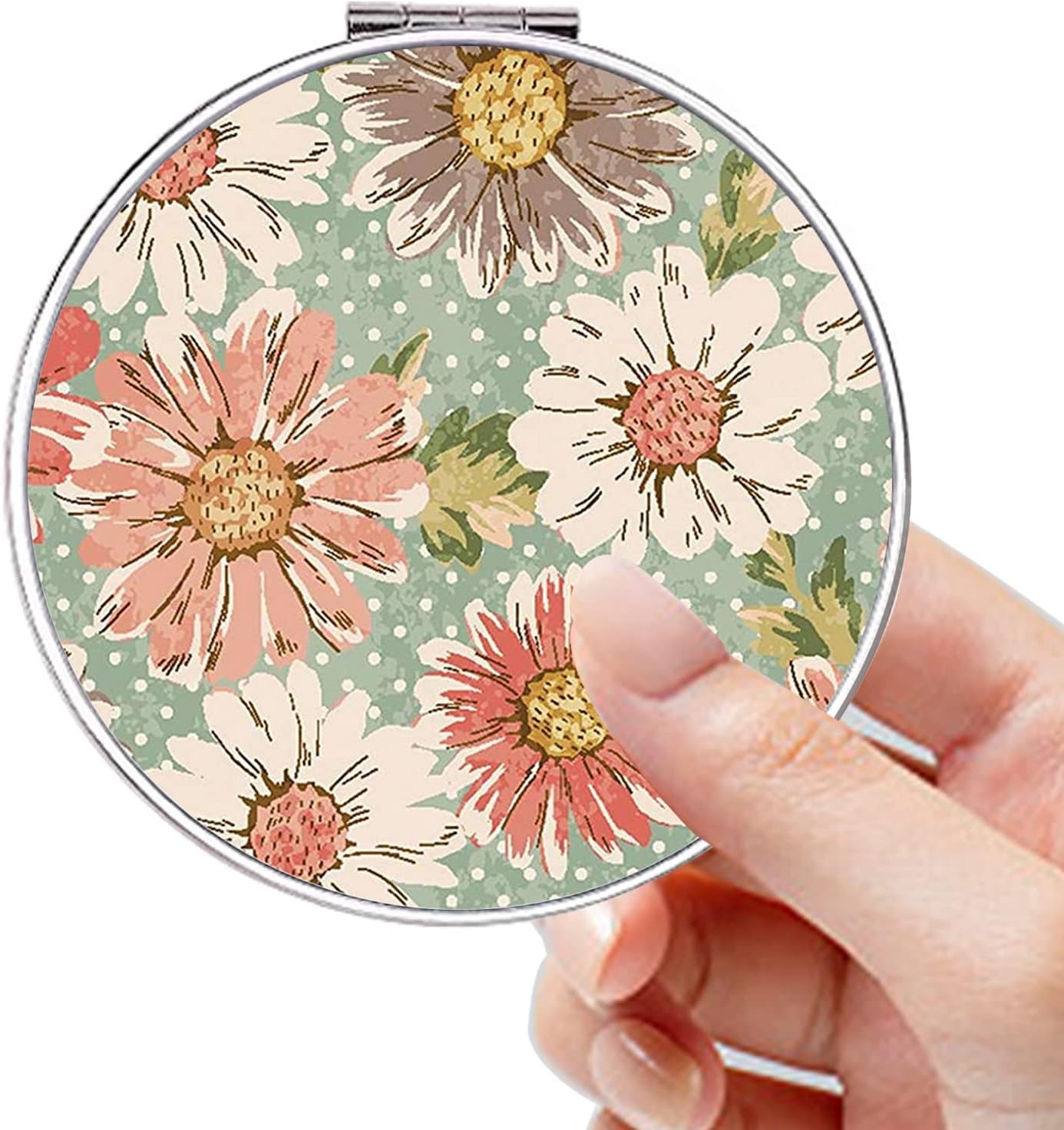 Acedada Compact Mirror, Pocket Mirror, Small Mirror for Purse, Portable Travel Makeup Mini Mirror, Folding Handheld Double-Sided 1x/2x Magnifying Compact Mirror for Women Girls Gift - Retro Flower