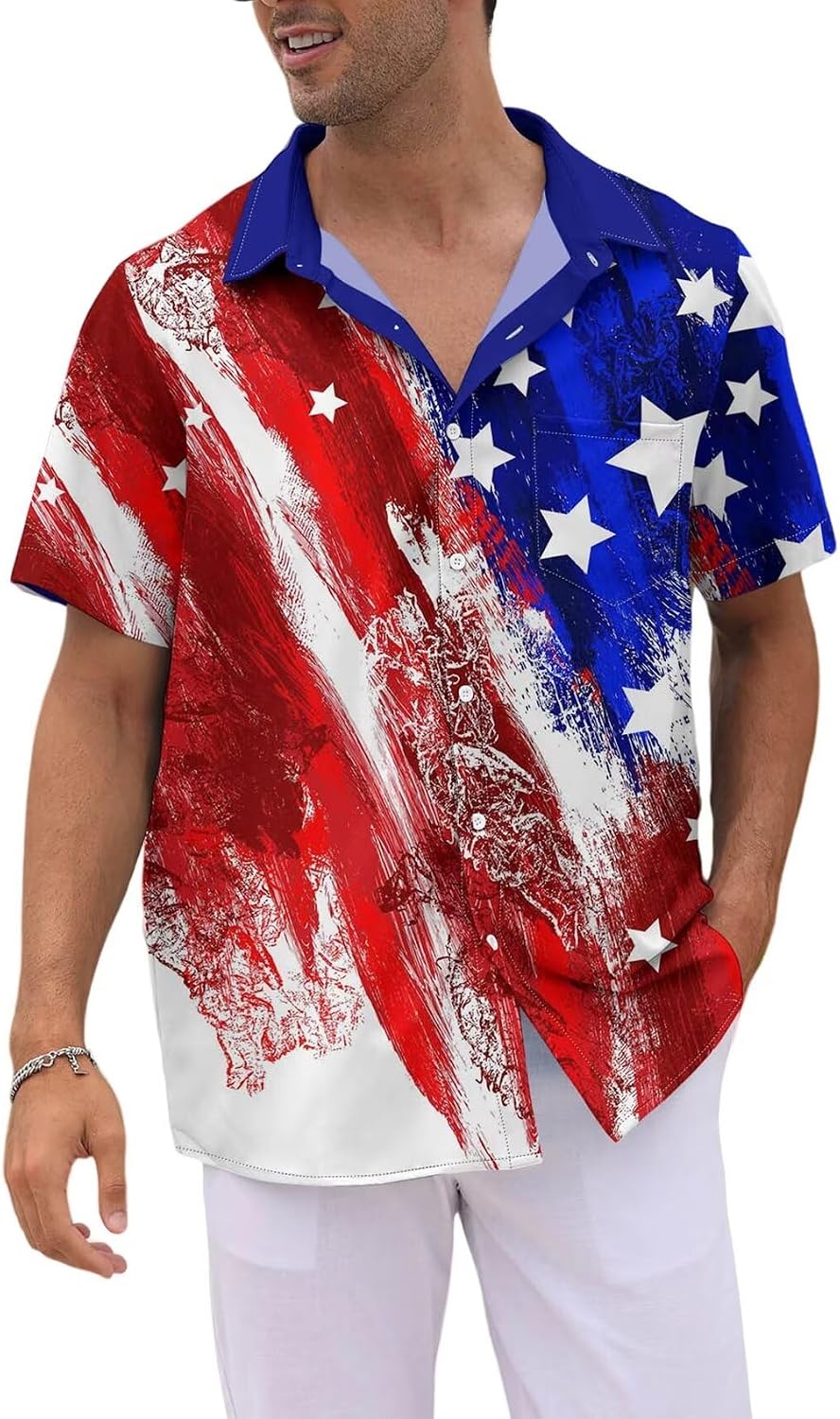 WHO IN SHOP Men's 4th of July American Flag Patriotic Shirts Short Sleeve Button Up USA Memorial Day Shirts