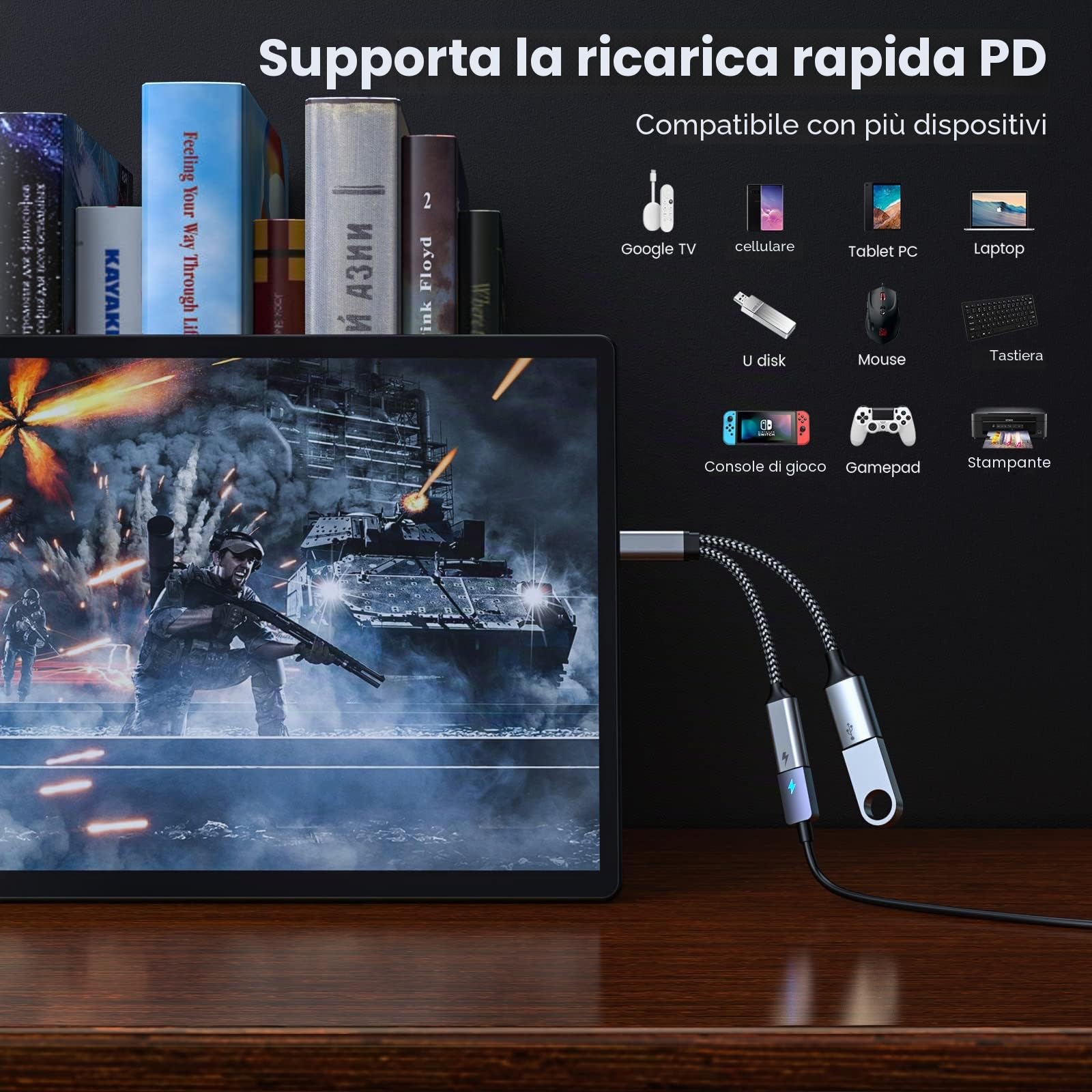 MOGOOD Adattatore da USB C a USB con ricarica Tipo C, splitter OTG Tipo C con ricarica rapida PD da 60W compatibile per Galaxy S22,Switch, Google Chromecast con Google TV,Pi-KVM,stampante 3D