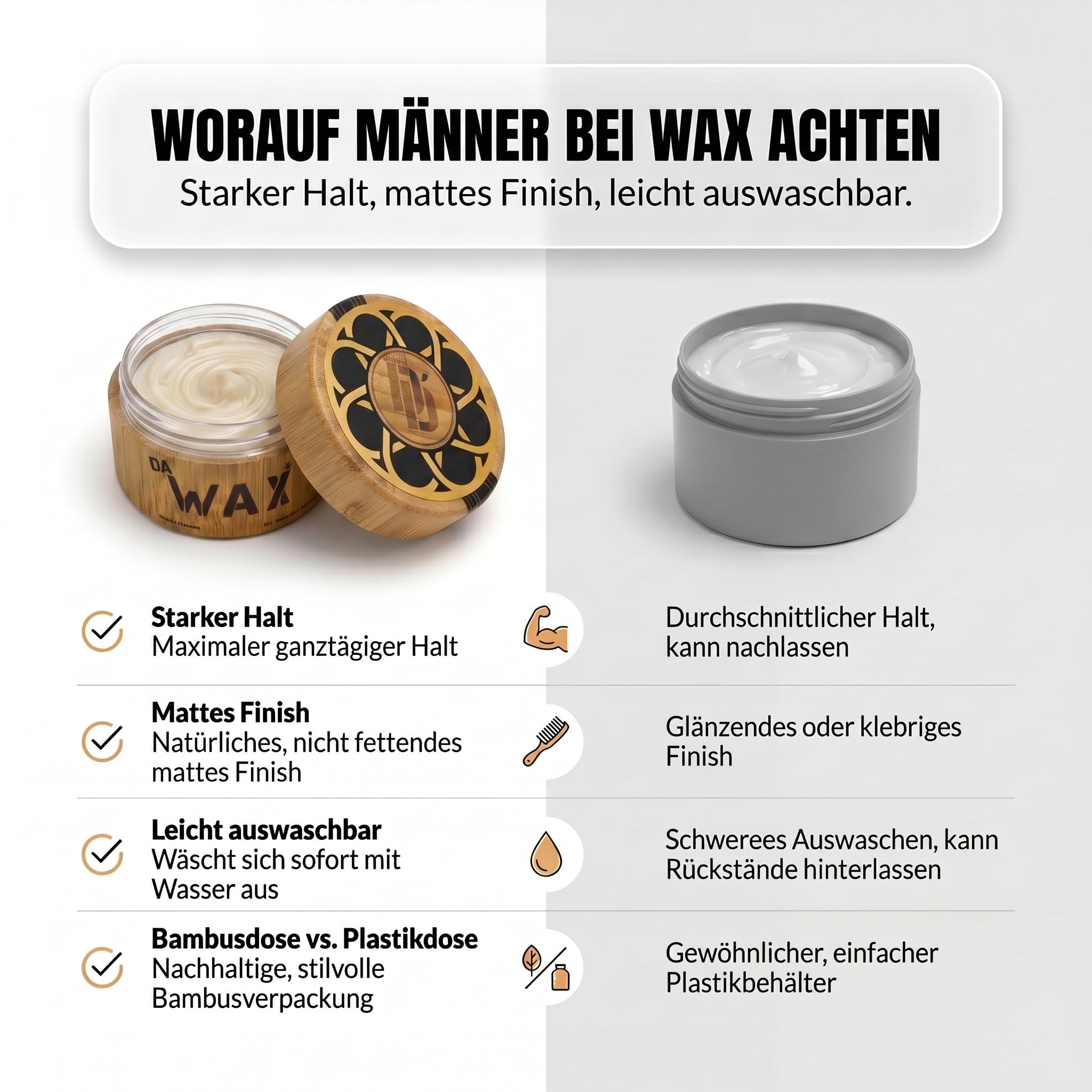 Da'Dude Da'Wax 100 ml, Haarwachs Männer matt, starker Halt, Haar Wax für Herren, Carnaubawachs, Bienenwachs, ohne Silikone & Parabene, Bambustopf