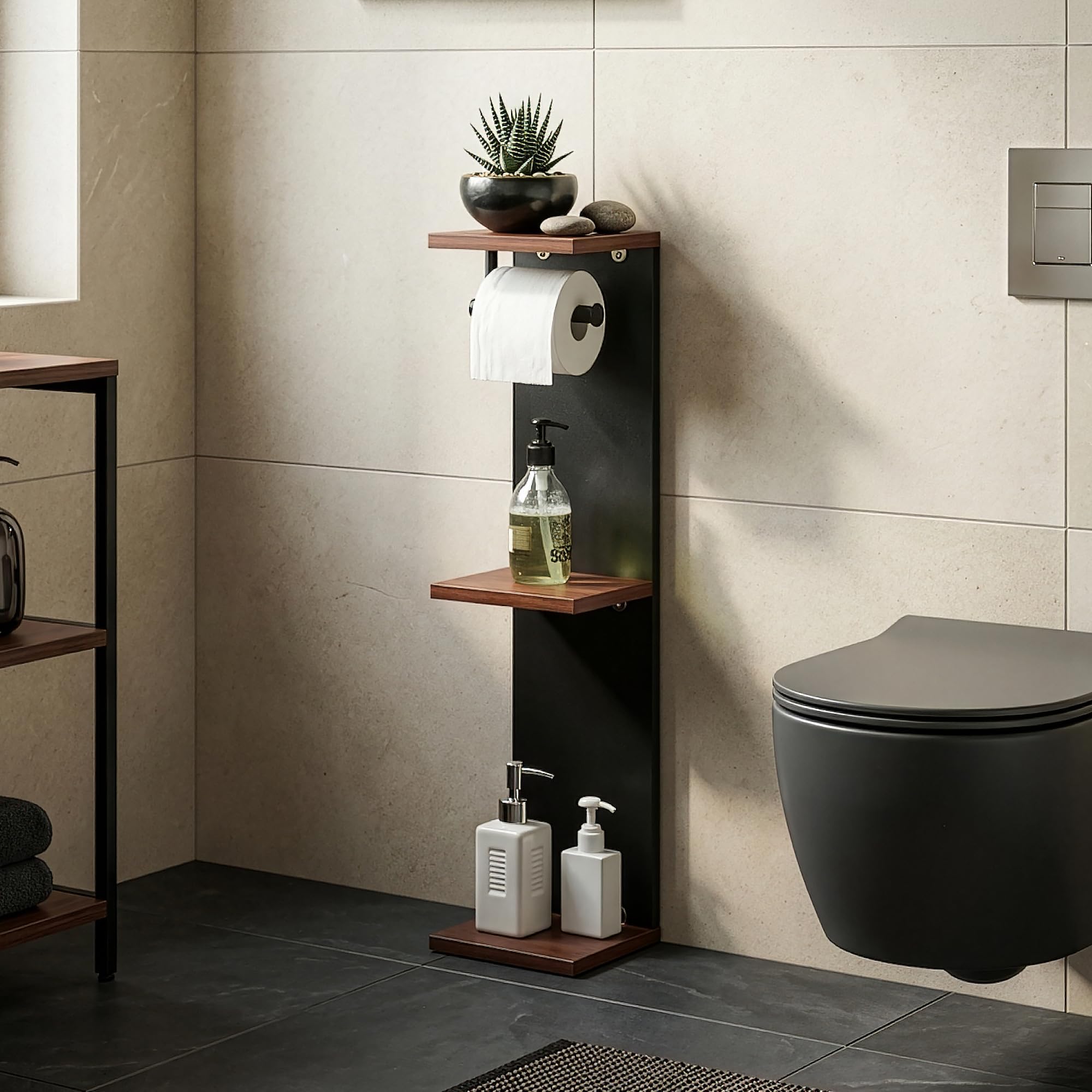 [en.casa] Mobile Portarotolo da Bagno Scaffale da Terra Porta Carta Igienica con 3 Ripiani e Barra Supporto Contenitore Rotoli di Riserva per WC Gabinetto 76 x 18 x 18 cm - Nero/Effetto Noce