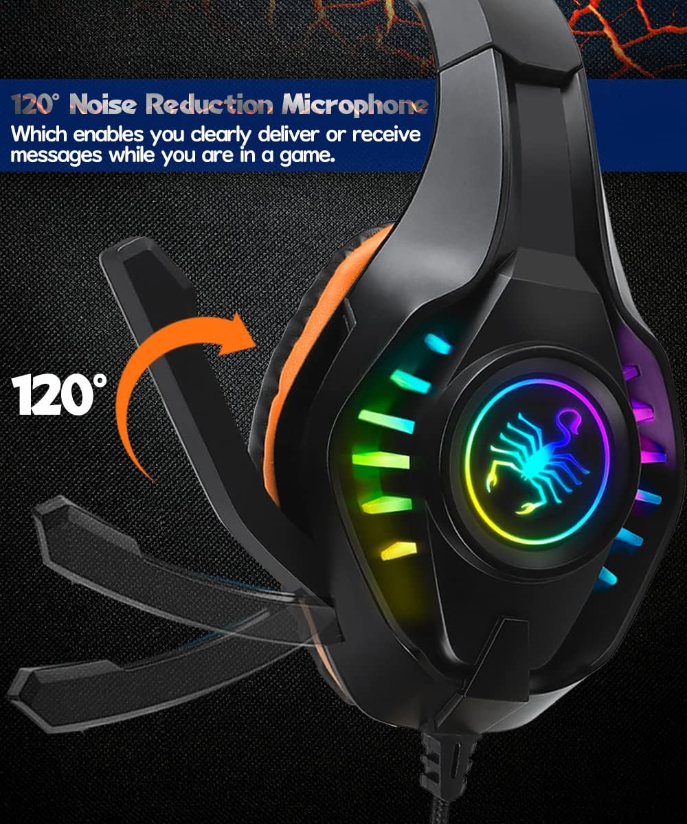 SVYHUOK Orange Stereo Gaming Headset for PS4 Xbox One PC Controller, 3.5mm Wired Over Ear Headphones with Mic. LED Light & Memory Foam Ear Pads&Volume Control&Noise Cancelling SK-1 Kids Boys Gifts