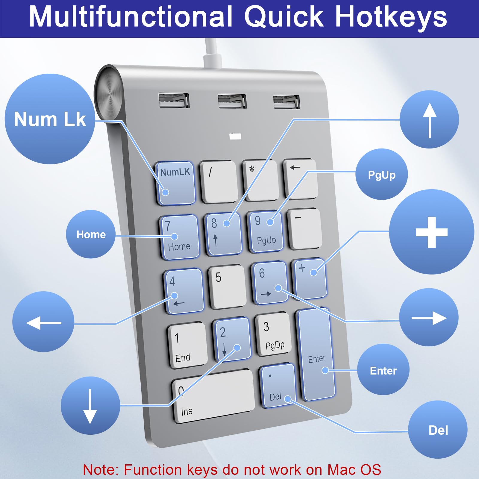 Pavé numérique filaire USB C/USB A, mini pavé numérique ergonomique avec 3 ports USB 2.0, pavé numérique 18 touches, pavé numérique de calcul de bureau pour ordinateur portable, ordinateur de bureau,