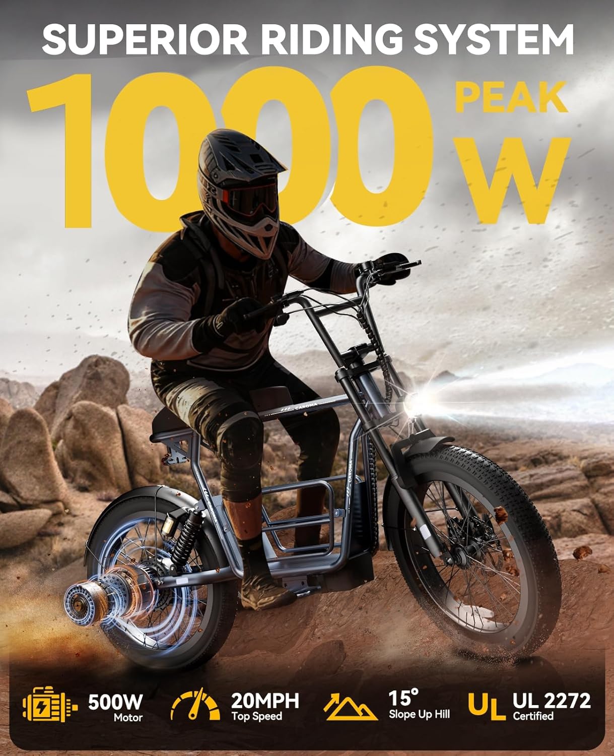 Caroma Peak 1000W Electric Scooter for Adults with Seat,20" All-Terrain Fat Tire E-Scooter,25 Miles Range 20MPH Top Speed Dual Shock Absorbing Electric Motorcycle with Basket for Pet&Cargo
