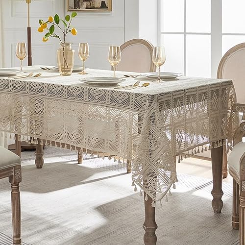 Tootop Mantel de Algodón y Lino Bohemio Geométrico a Cuadros, Mantel Cuadrado Vintage de Ganchillo con Flecos Beige para Cocina Comedor, Fiesta,